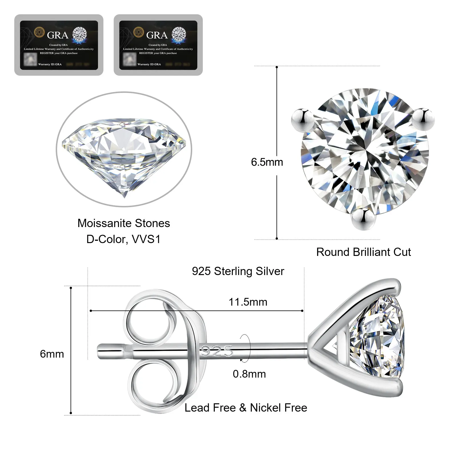 0.3/0.5/0.8/1.0/1.5 Carats *2 Round 3-Prong Setting Excellent VVS1 Moissanite Earrings 0213