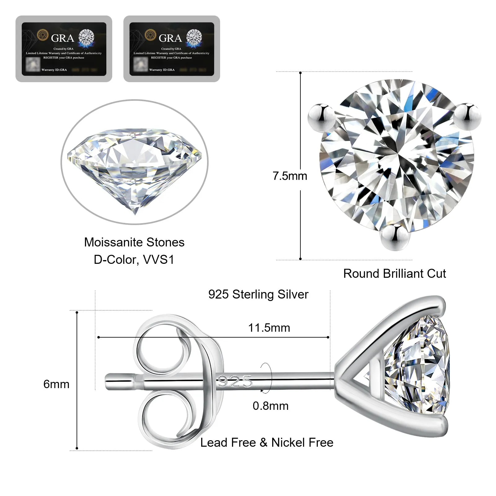 0.3/0.5/0.8/1.0/1.5 Carats *2 Round 3-Prong Setting Excellent VVS1 Moissanite Earrings 0213