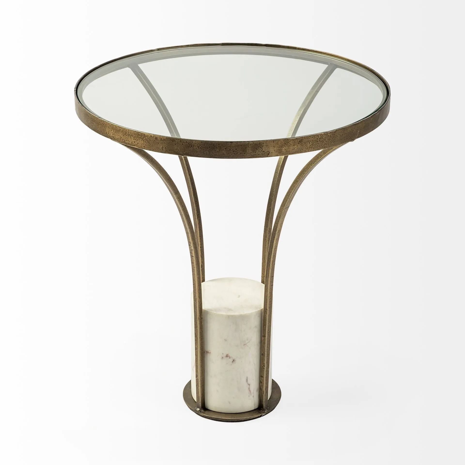 21' Round Glass Top End Table with Metal and Marble Pedestal By Homeroots