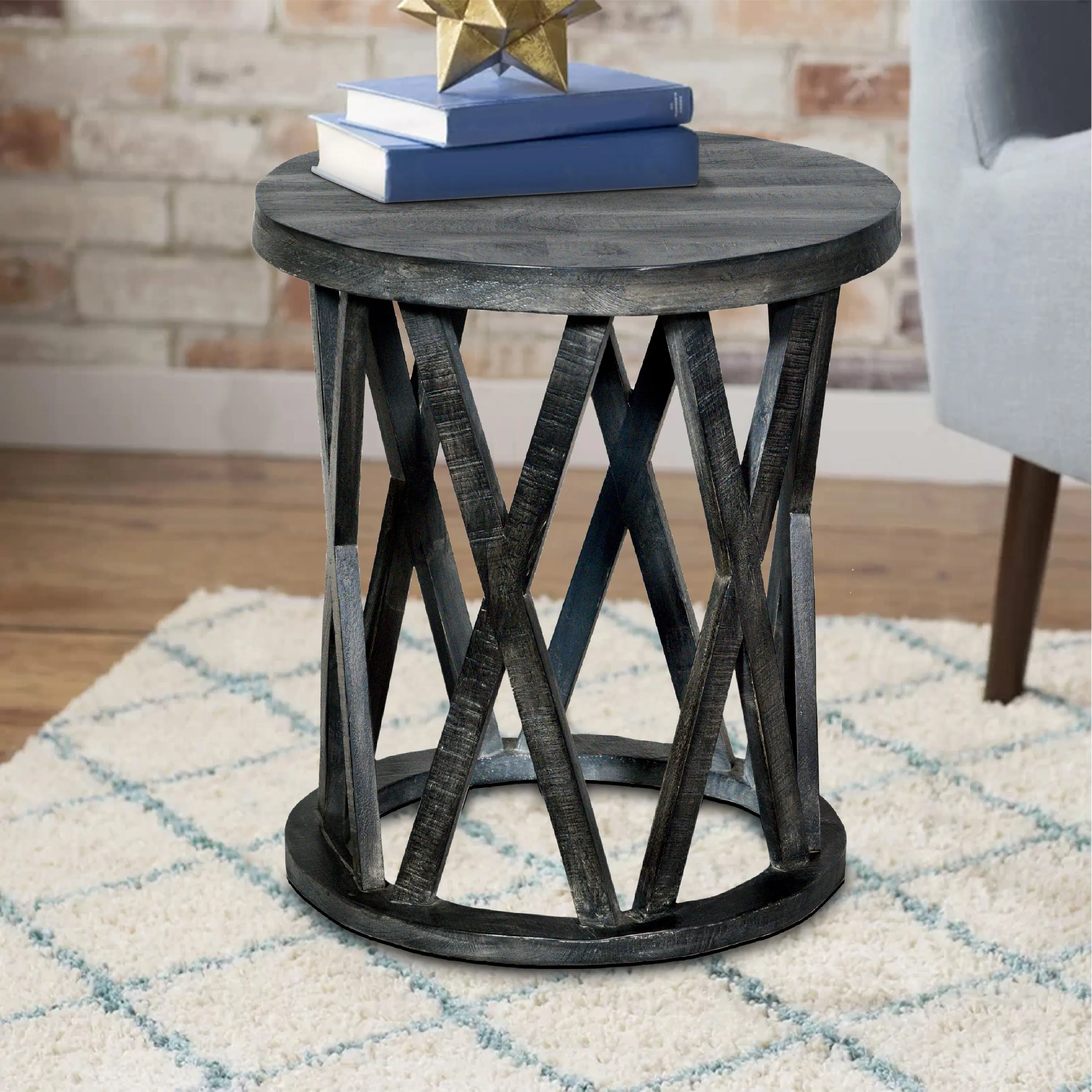 22 Inch Farmhouse Style Round Wooden End Table With Airy Design Base, Dark Gray By Benzara