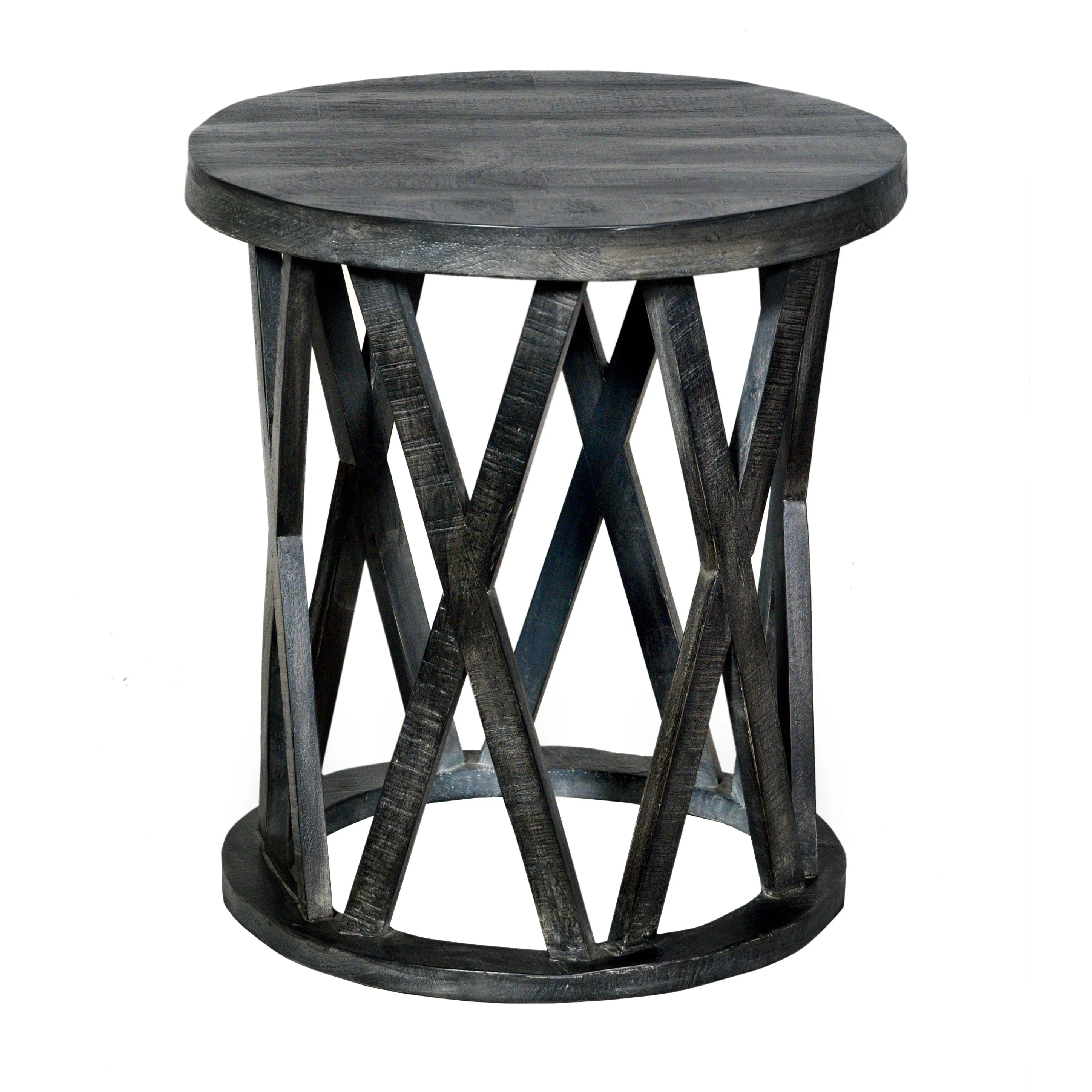 22 Inch Farmhouse Style Round Wooden End Table With Airy Design Base, Dark Gray By Benzara