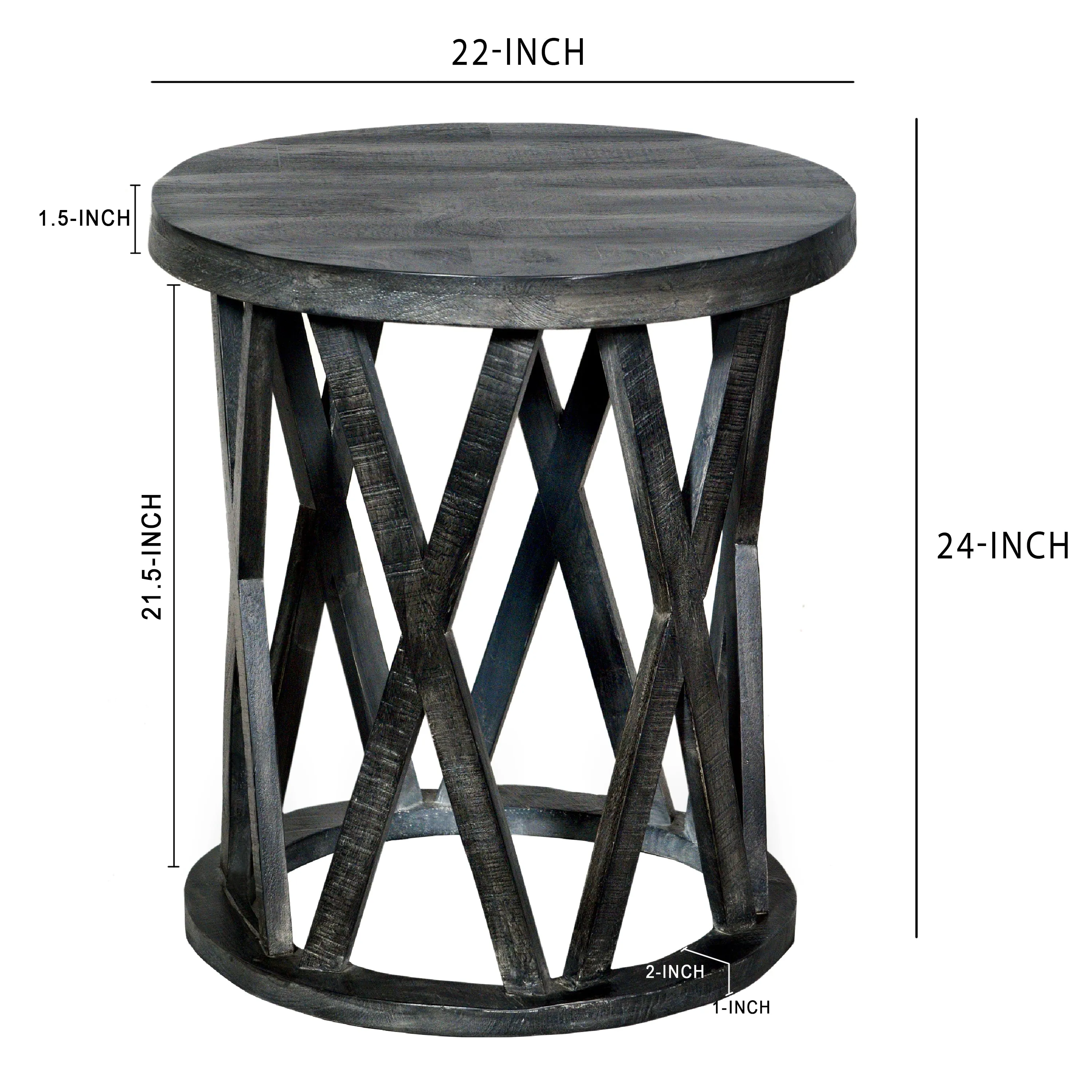 22 Inch Farmhouse Style Round Wooden End Table With Airy Design Base, Dark Gray By Benzara