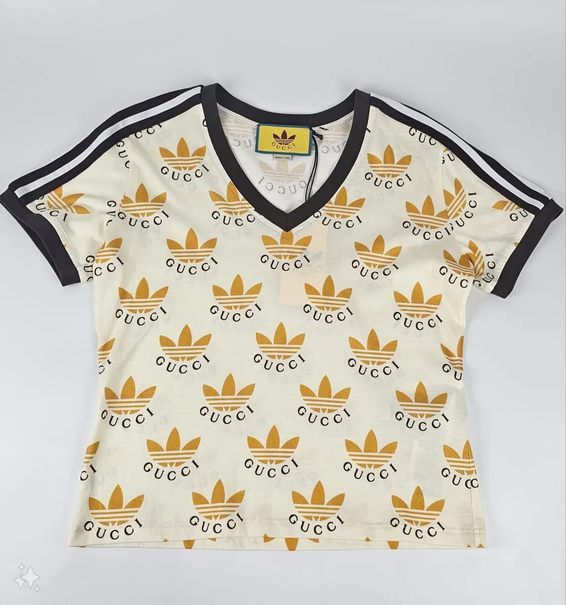 Adidas Yellow Trefoil Print V Neck T Shirt