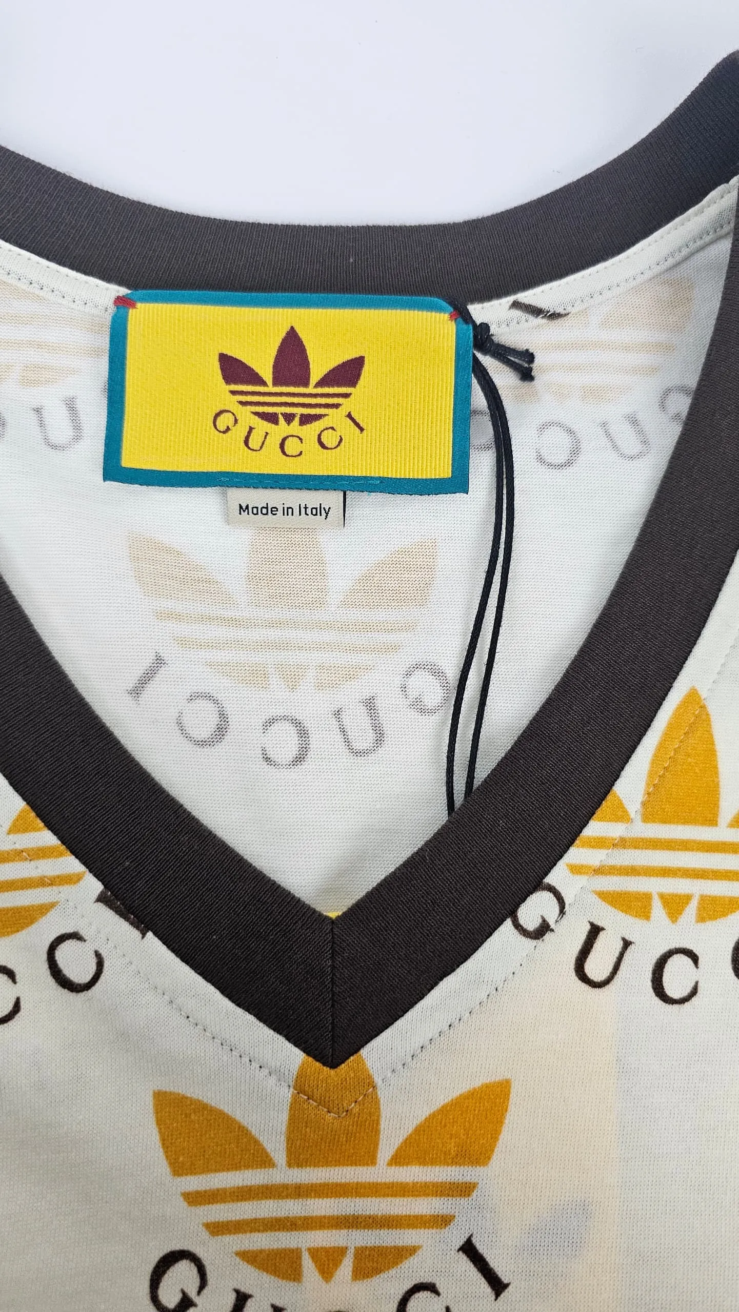 Adidas Yellow Trefoil Print V Neck T Shirt