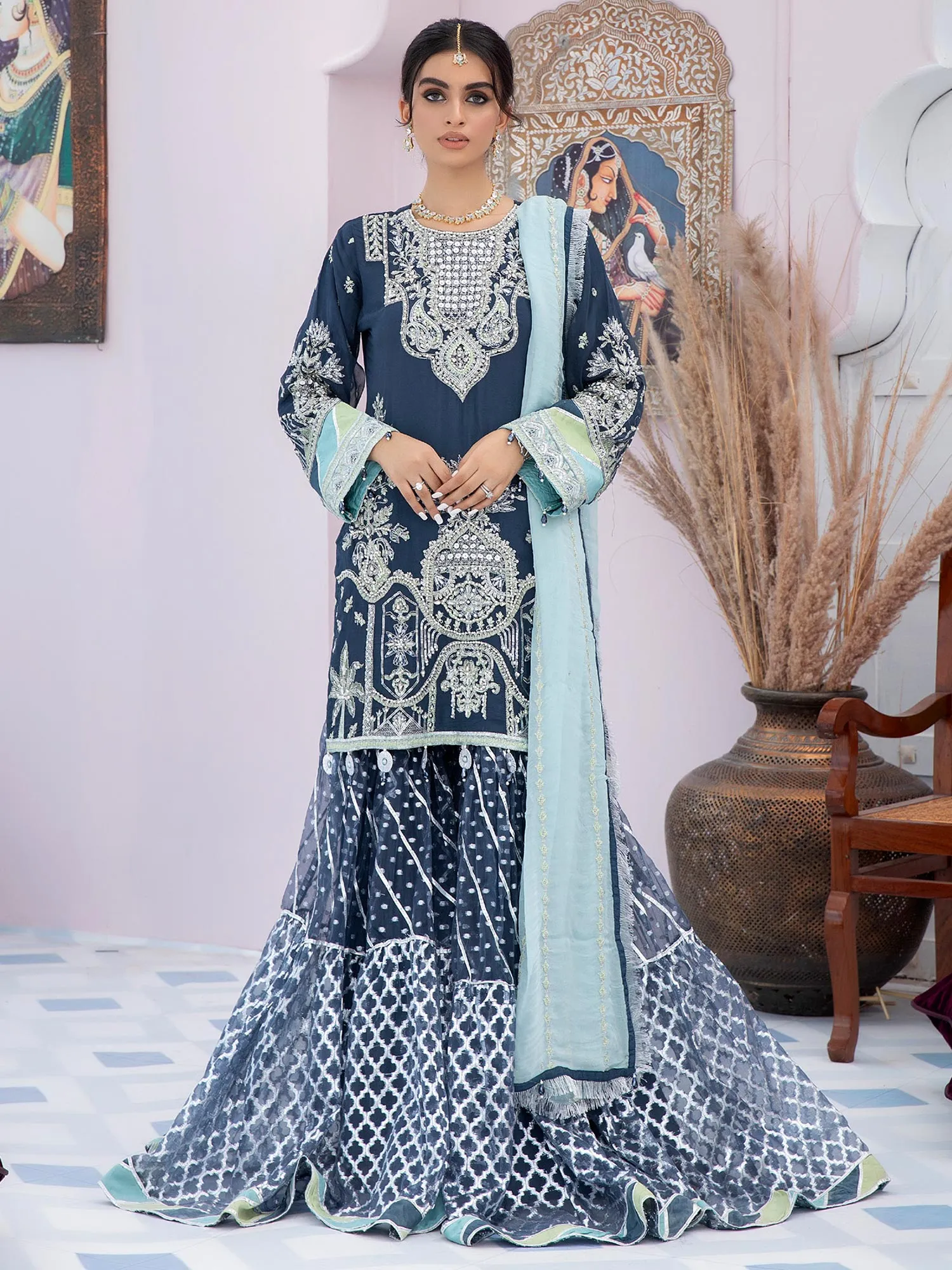 Ally's "Mehbooba" Teal Luxury Chiffon Gharara Suit (AL-3509)