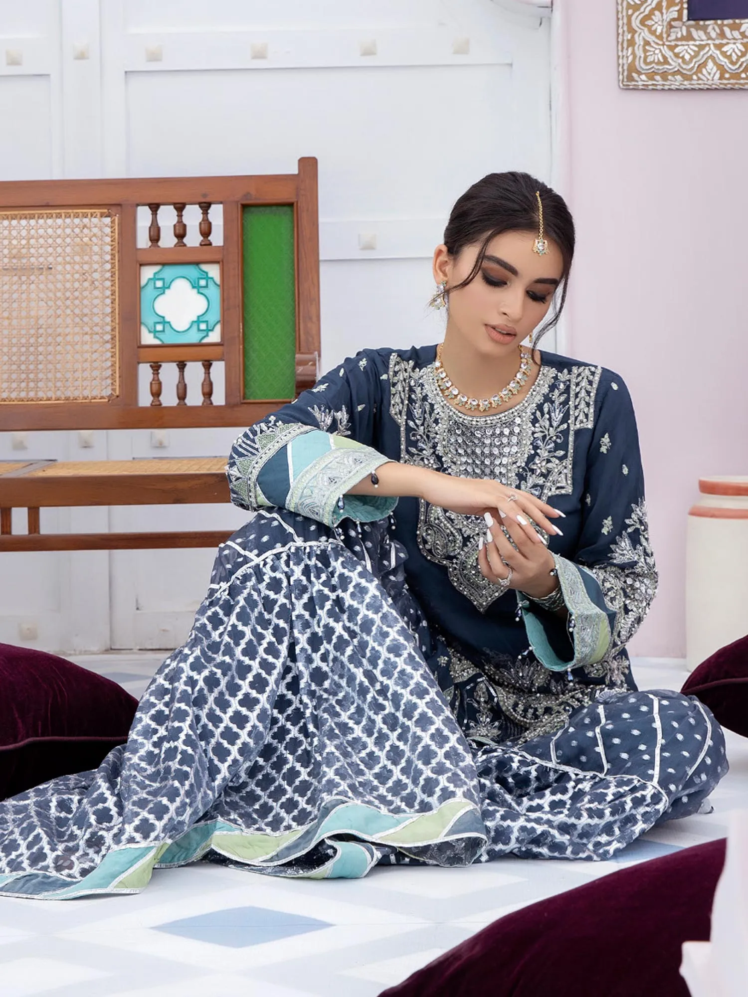 Ally's "Mehbooba" Teal Luxury Chiffon Gharara Suit (AL-3509)