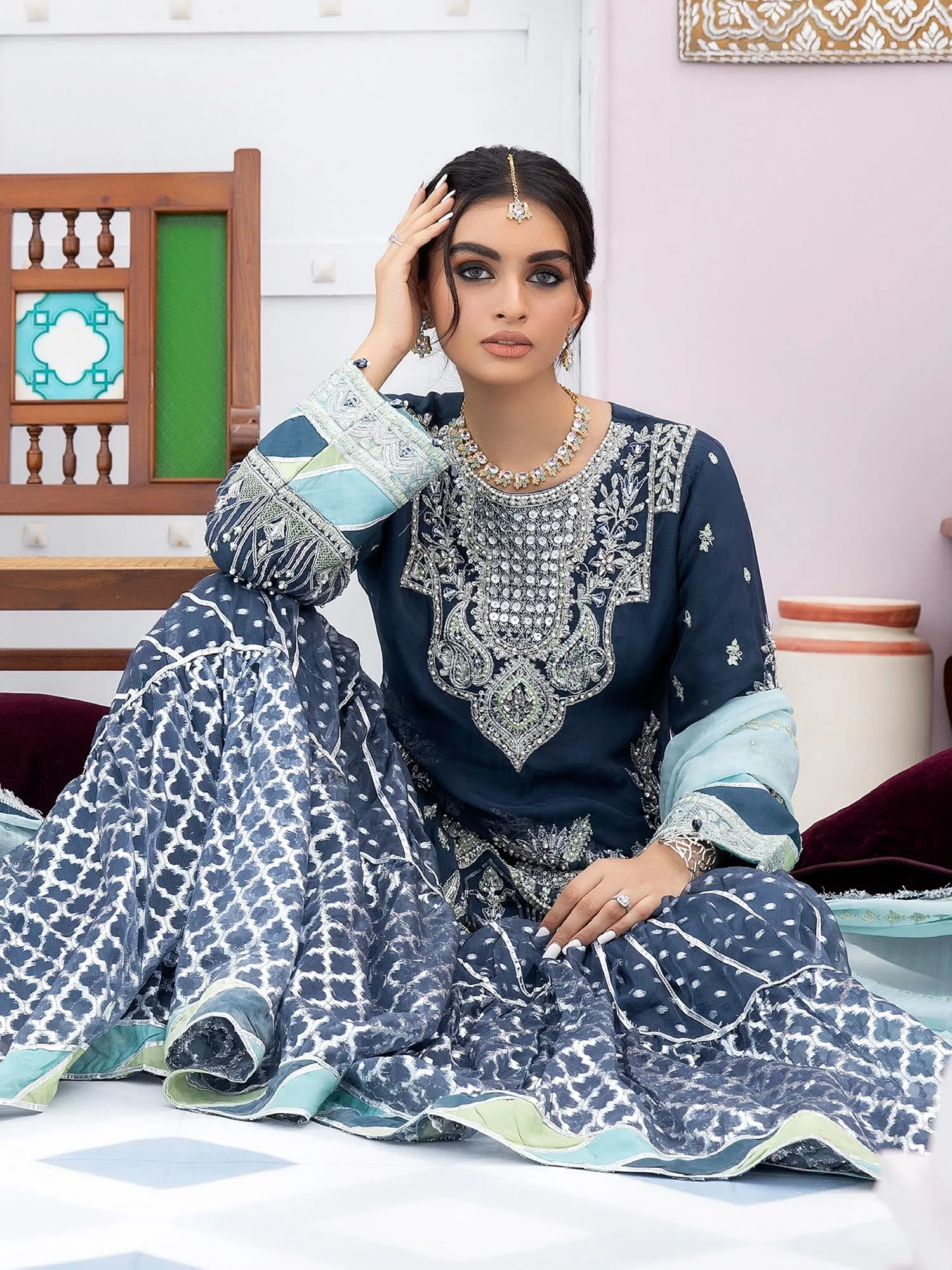 Ally's "Mehbooba" Teal Luxury Chiffon Gharara Suit (AL-3509)