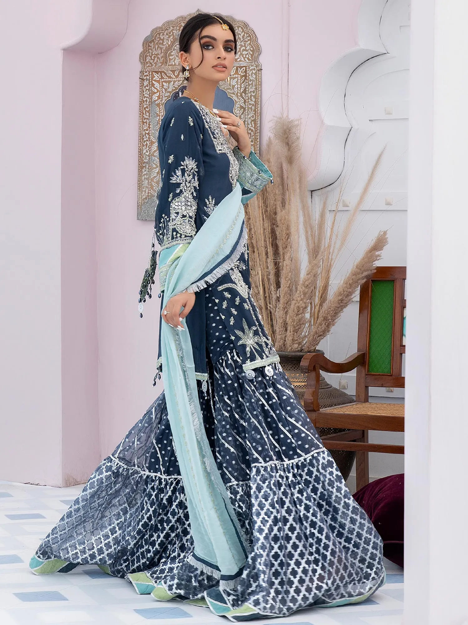 Ally's "Mehbooba" Teal Luxury Chiffon Gharara Suit (AL-3509)