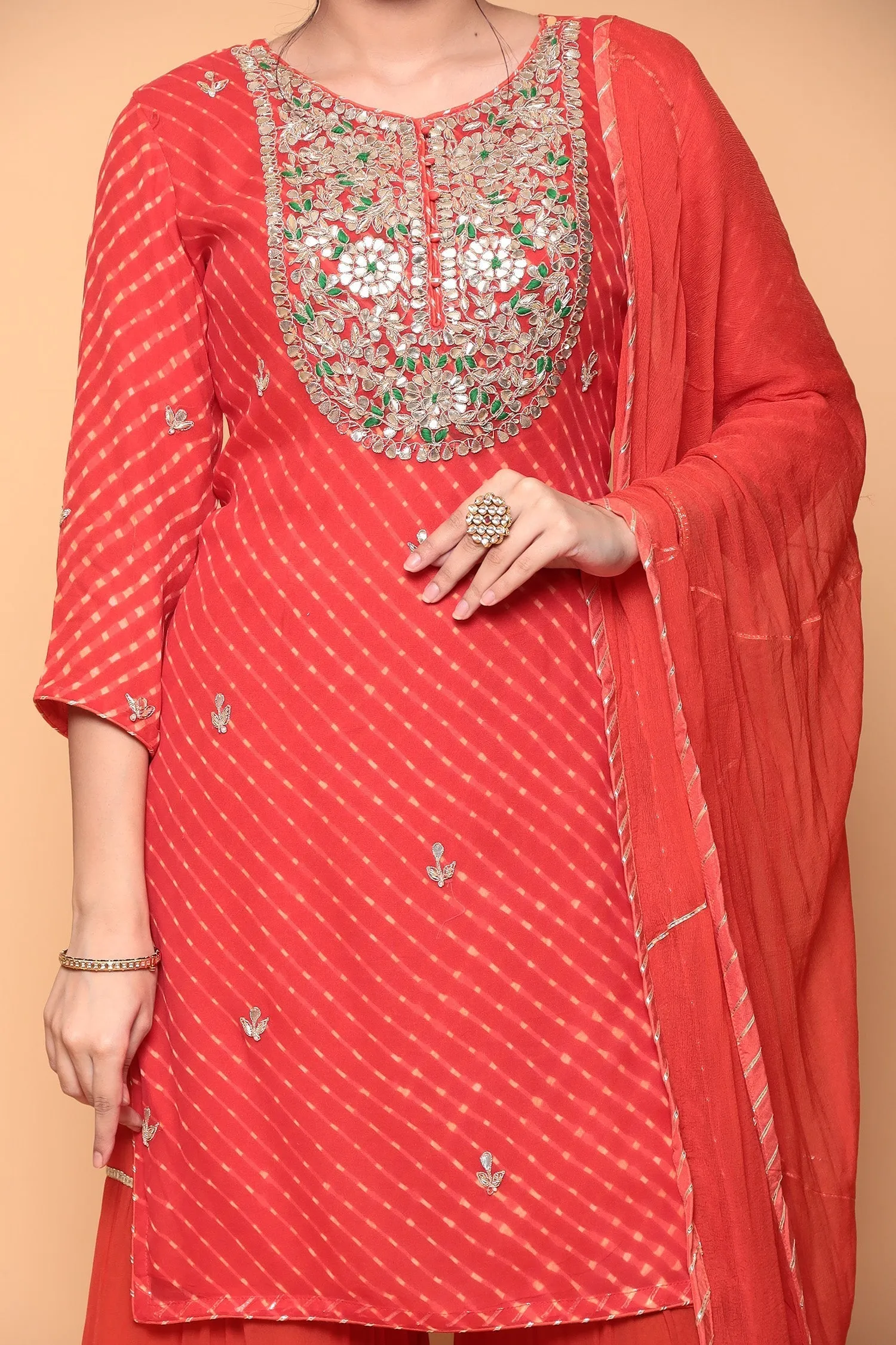 Bandhej Georgette Suit with Gota, Gota Patti work.