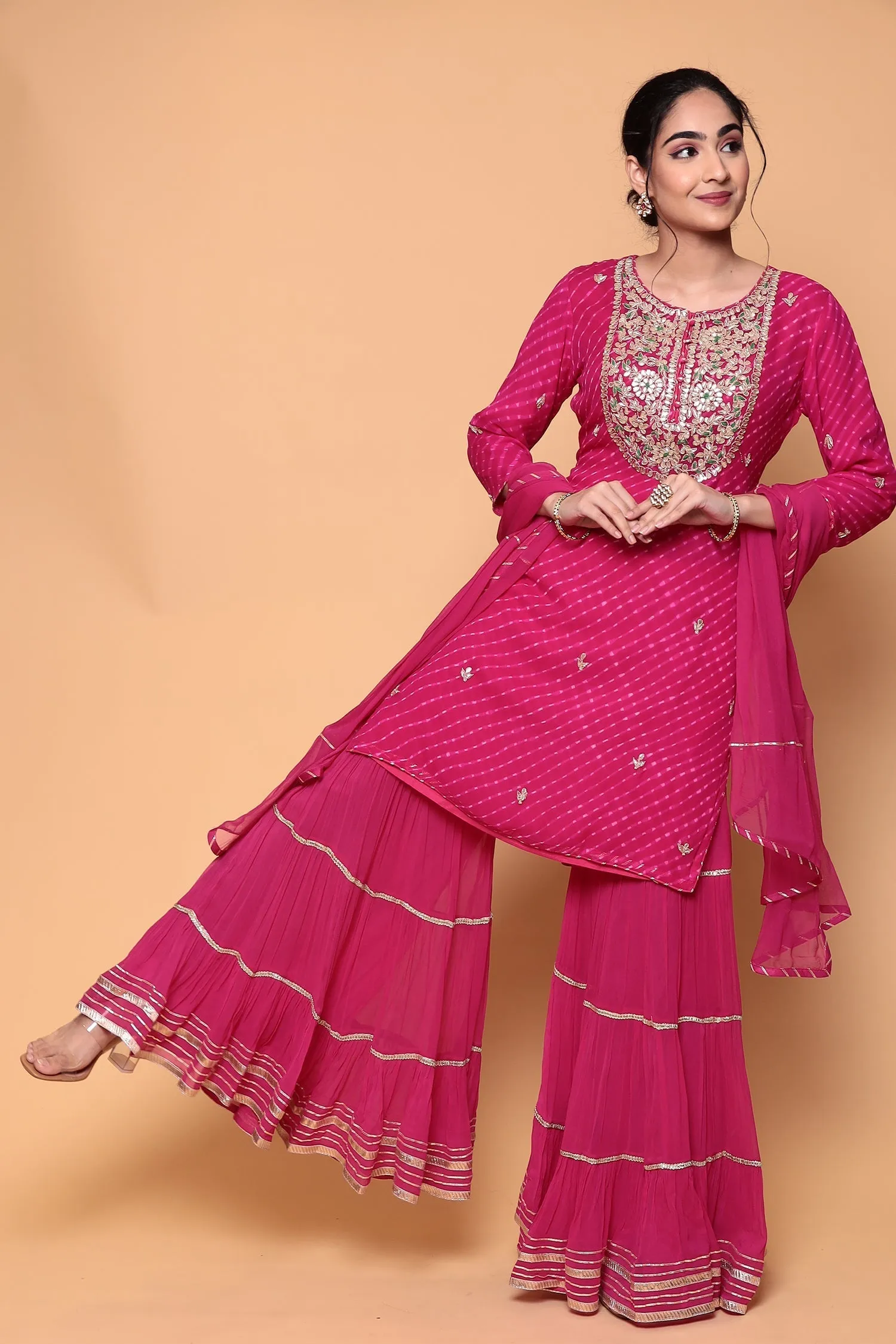 Bandhej Georgette Suit with Gota, Gota Patti work.