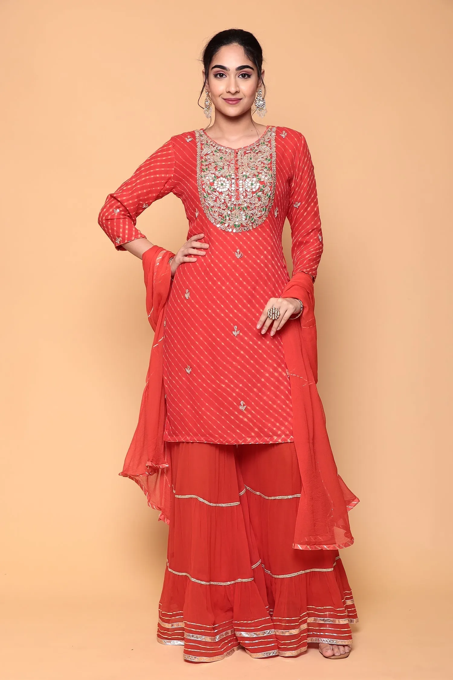 Bandhej Georgette Suit with Gota, Gota Patti work.