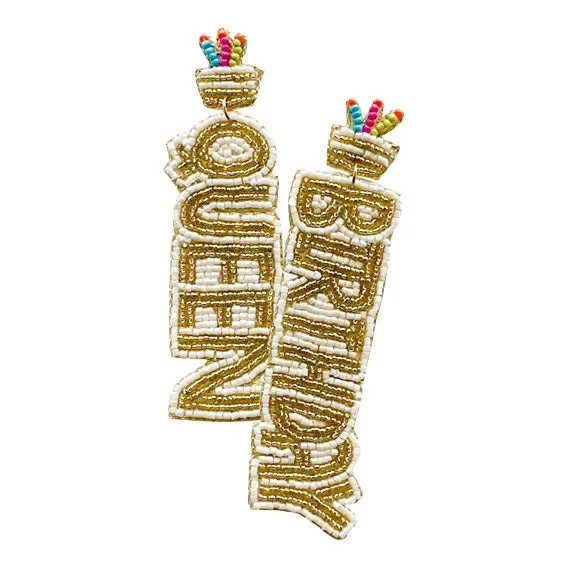 Beaded Cake Queen Birthday Message Link Dangle Earrings