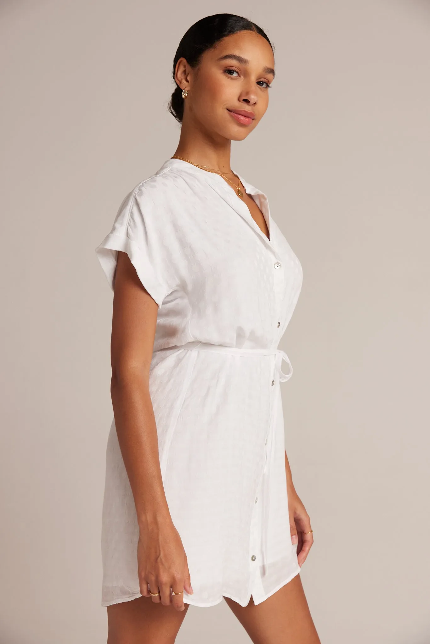 Belted Shirred Dress - White