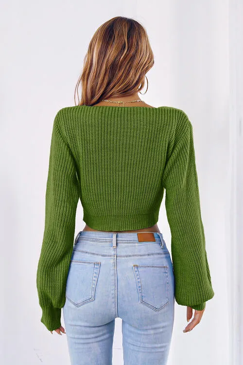 Bow V-Neck Long Sleeve Cropped Sweater