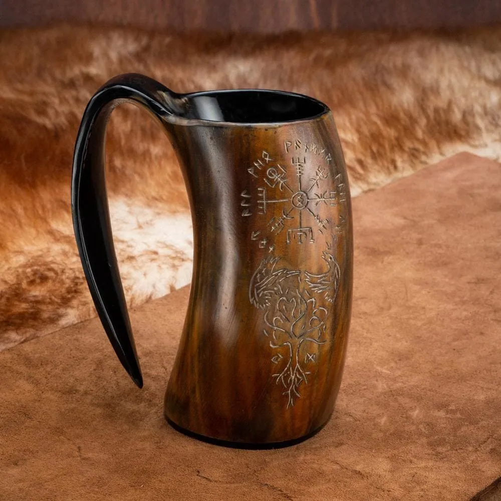 Burnt Horn Mug With Vegvisir, Raven And Tree of Life Engravings