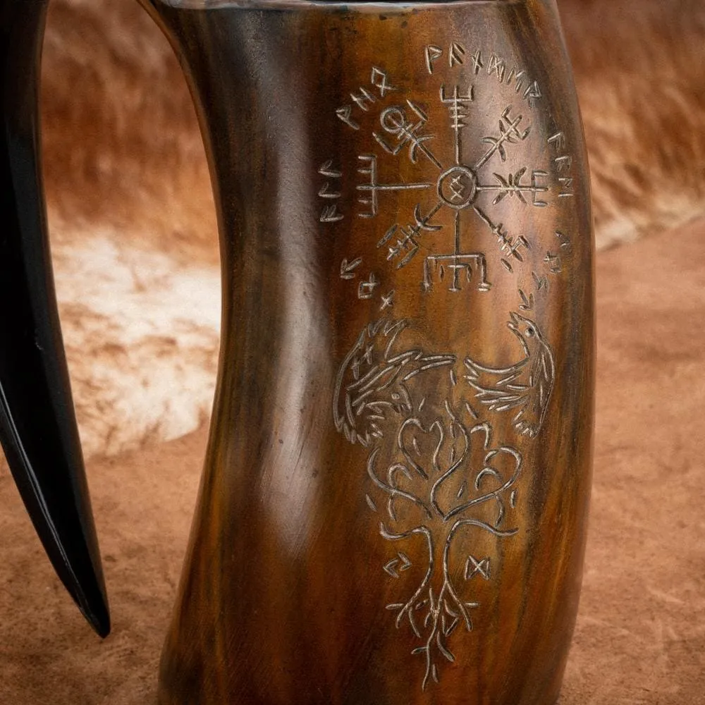 Burnt Horn Mug With Vegvisir, Raven And Tree of Life Engravings