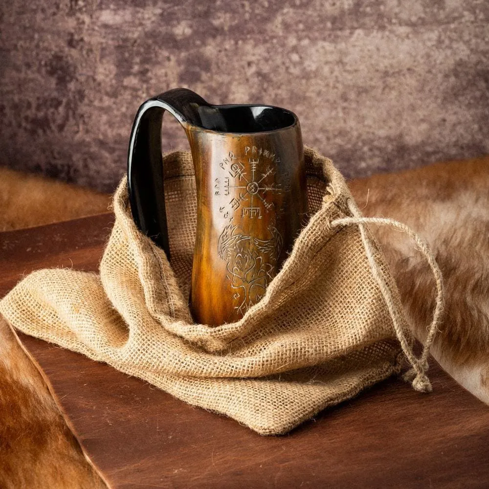 Burnt Horn Mug With Vegvisir, Raven And Tree of Life Engravings