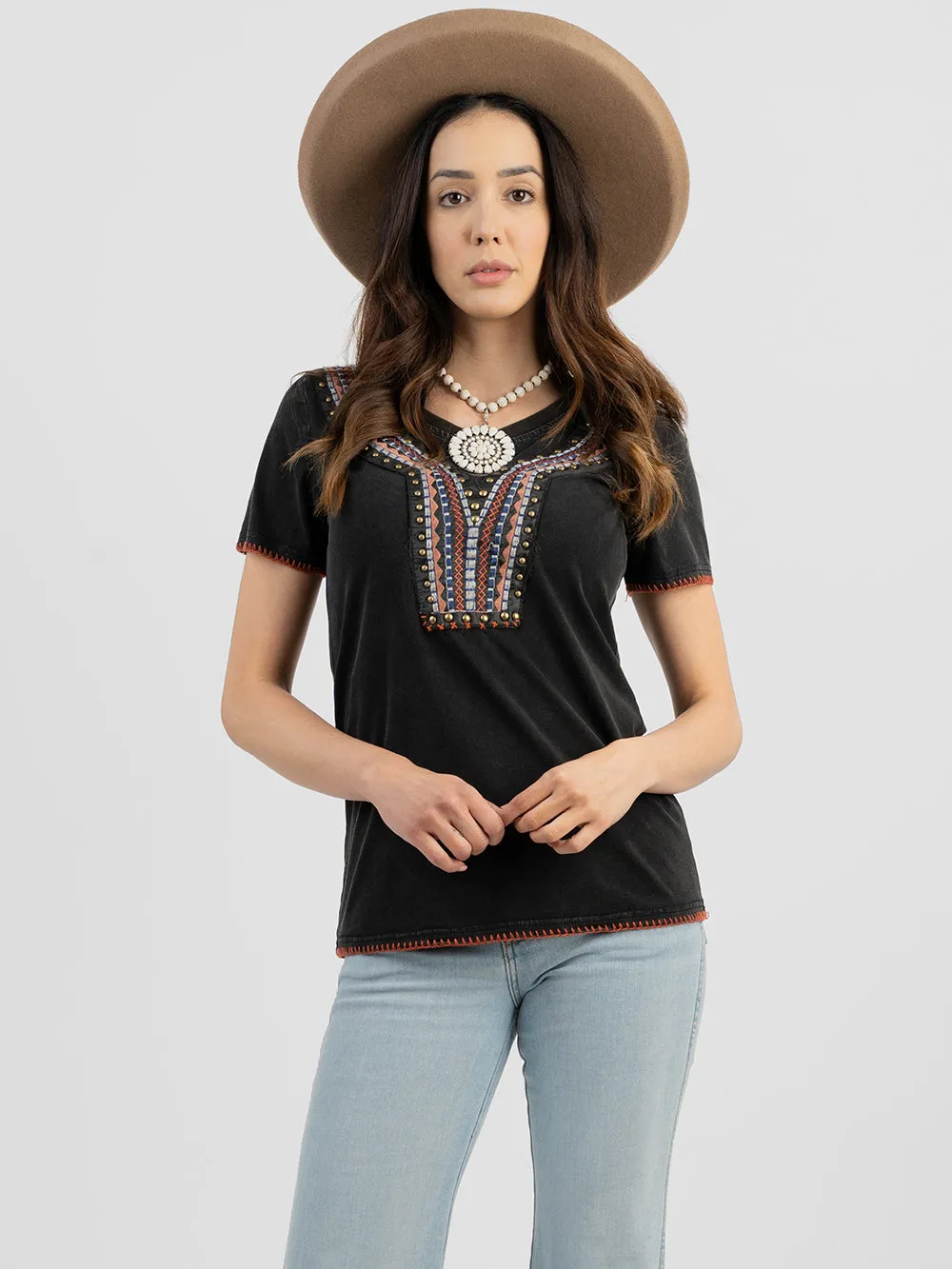 Delila Women's Embroidery Contrast Stitched Studded Tee