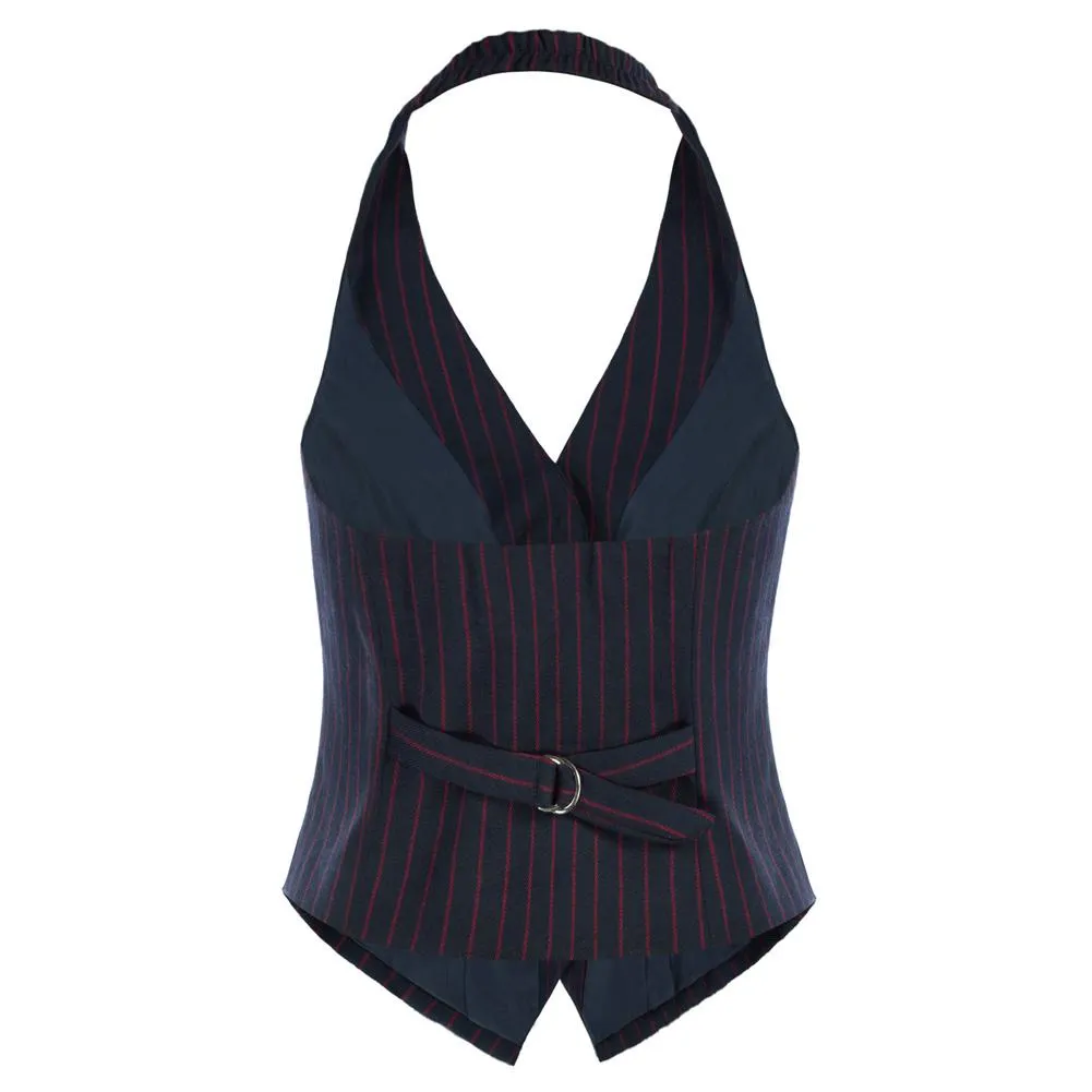 Fans Look of Striped V-Neck Single Breasted Handkerchief Hem Halter Backless Vest