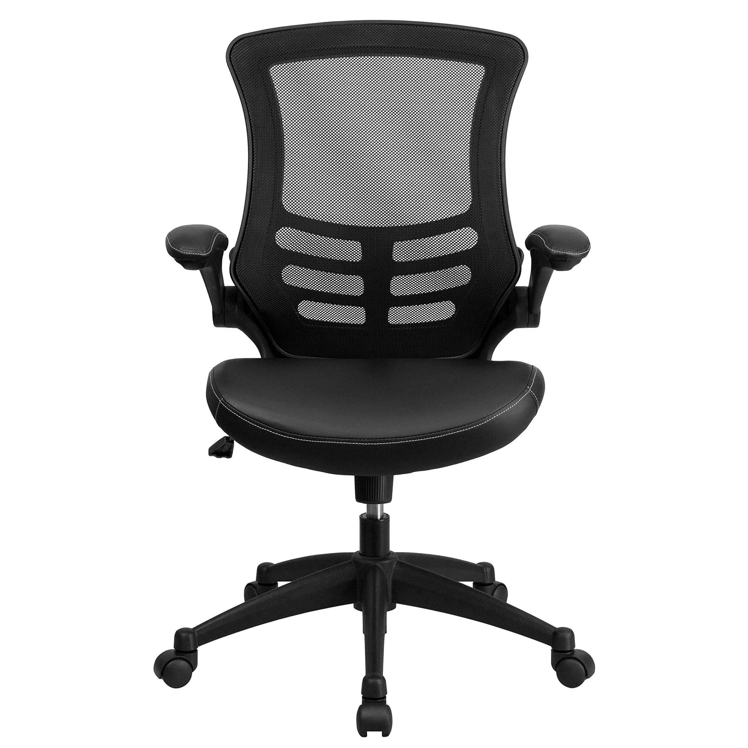 Flash Furniture Mid-Back Black Mesh Swivel Task Chair with Leather Seat and Flip-Up Arms