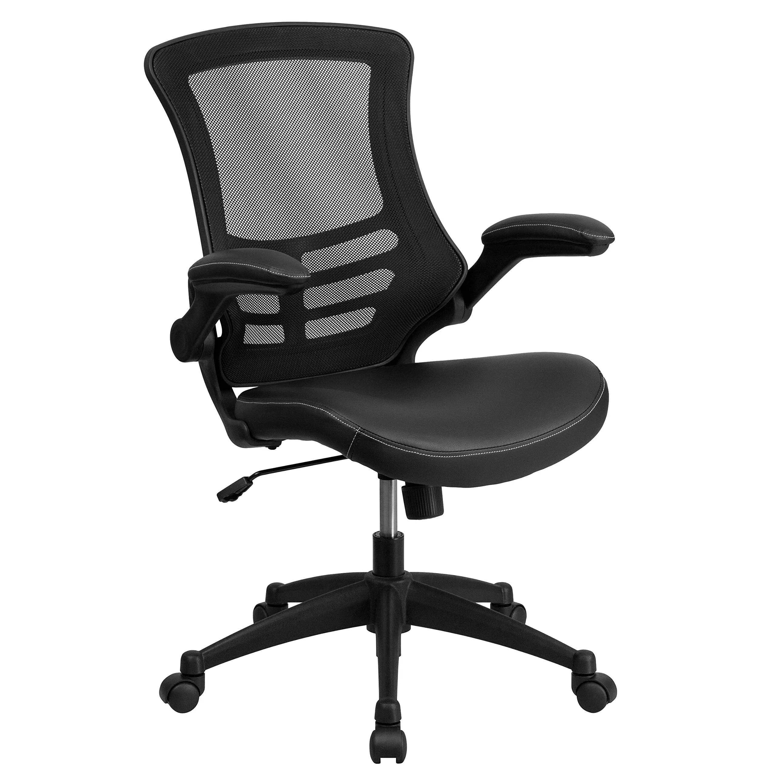 Flash Furniture Mid-Back Black Mesh Swivel Task Chair with Leather Seat and Flip-Up Arms