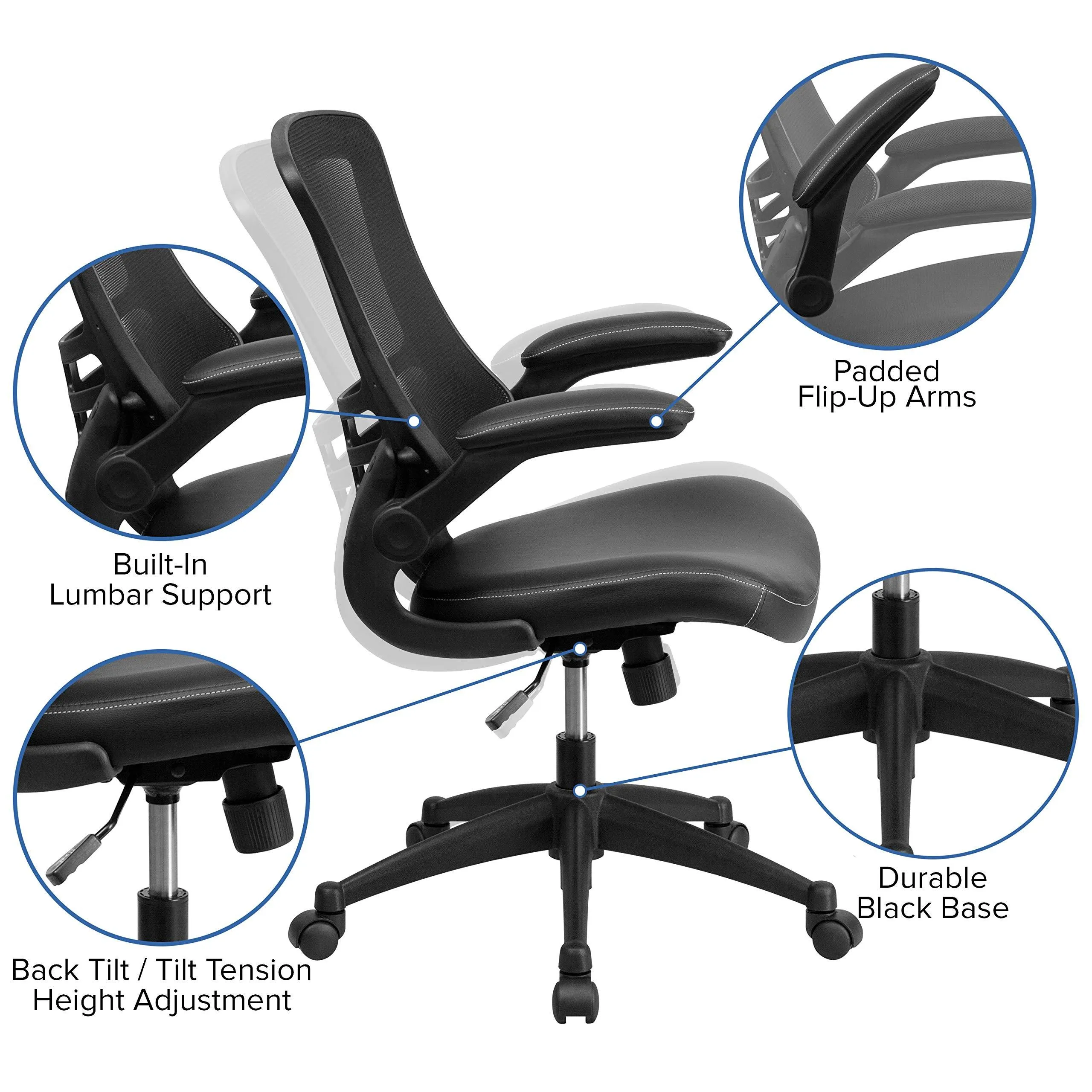 Flash Furniture Mid-Back Black Mesh Swivel Task Chair with Leather Seat and Flip-Up Arms