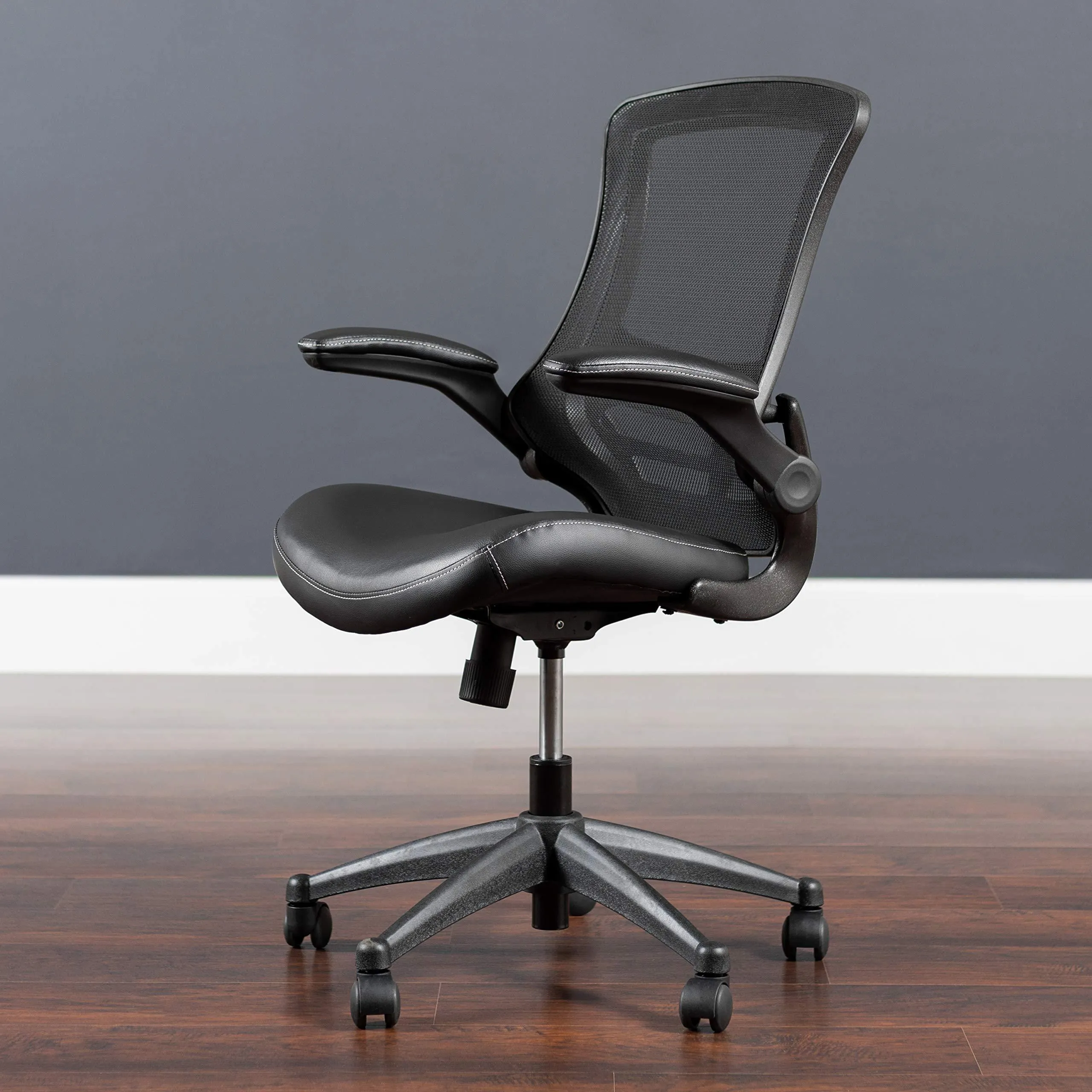 Flash Furniture Mid-Back Black Mesh Swivel Task Chair with Leather Seat and Flip-Up Arms