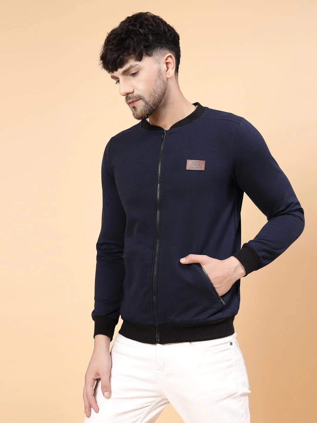 Front Zip With Mandarin Collar Fleece Bomber Jacket