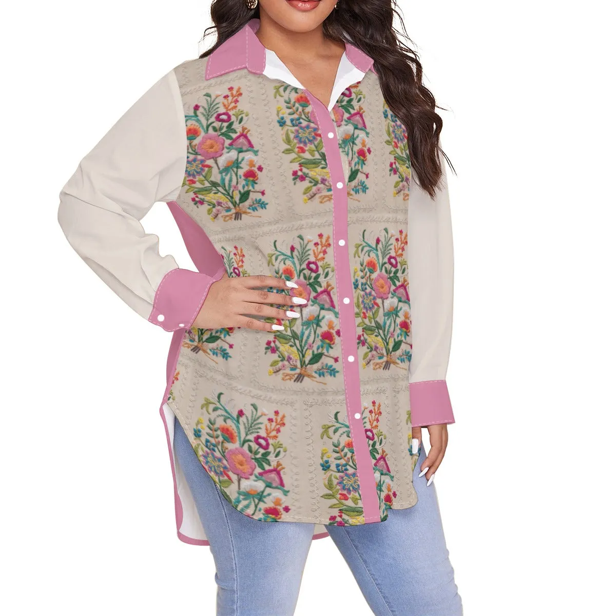 Fushia Embroidery Women's Shirt (Plus Size) AOP