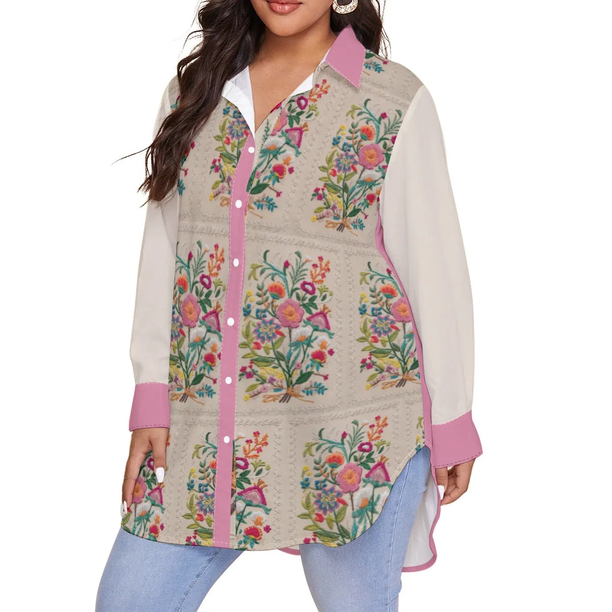 Fushia Embroidery Women's Shirt (Plus Size) AOP