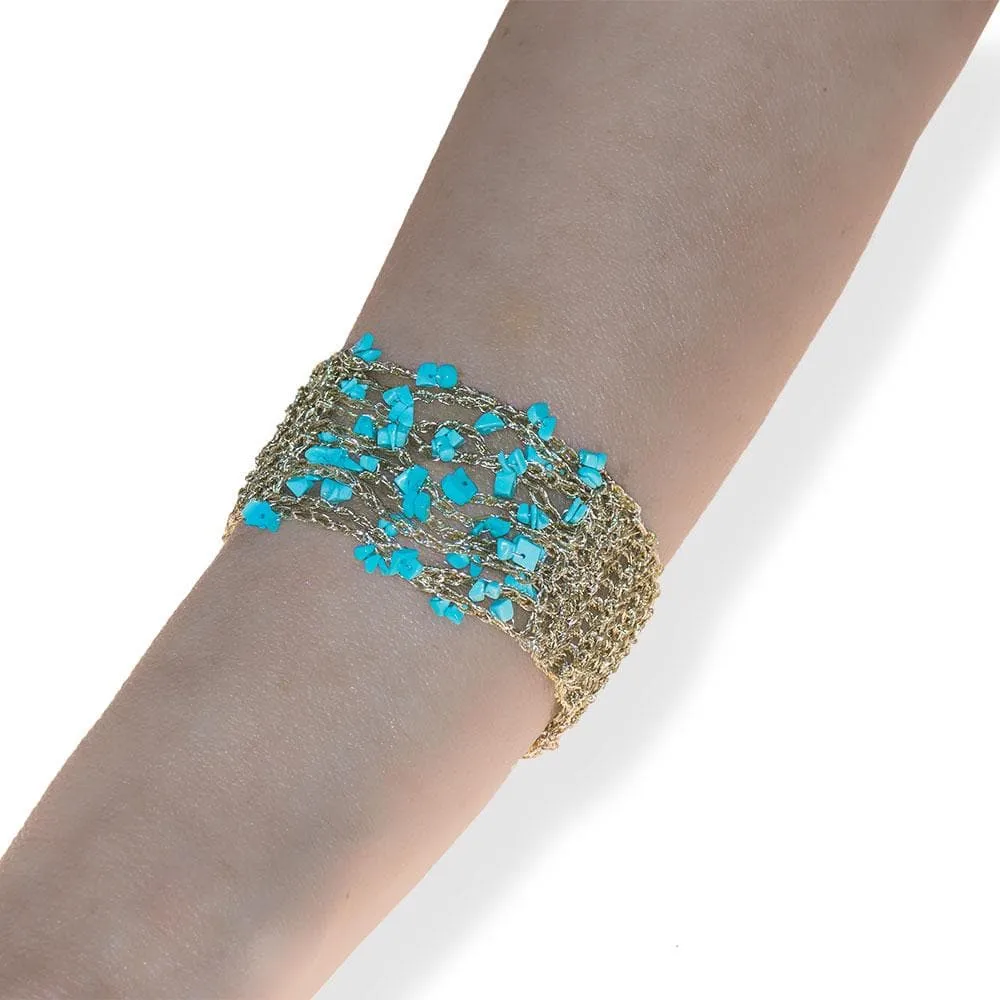 Handmade Gold Plated Knit Bracelet with Turquoise Stones