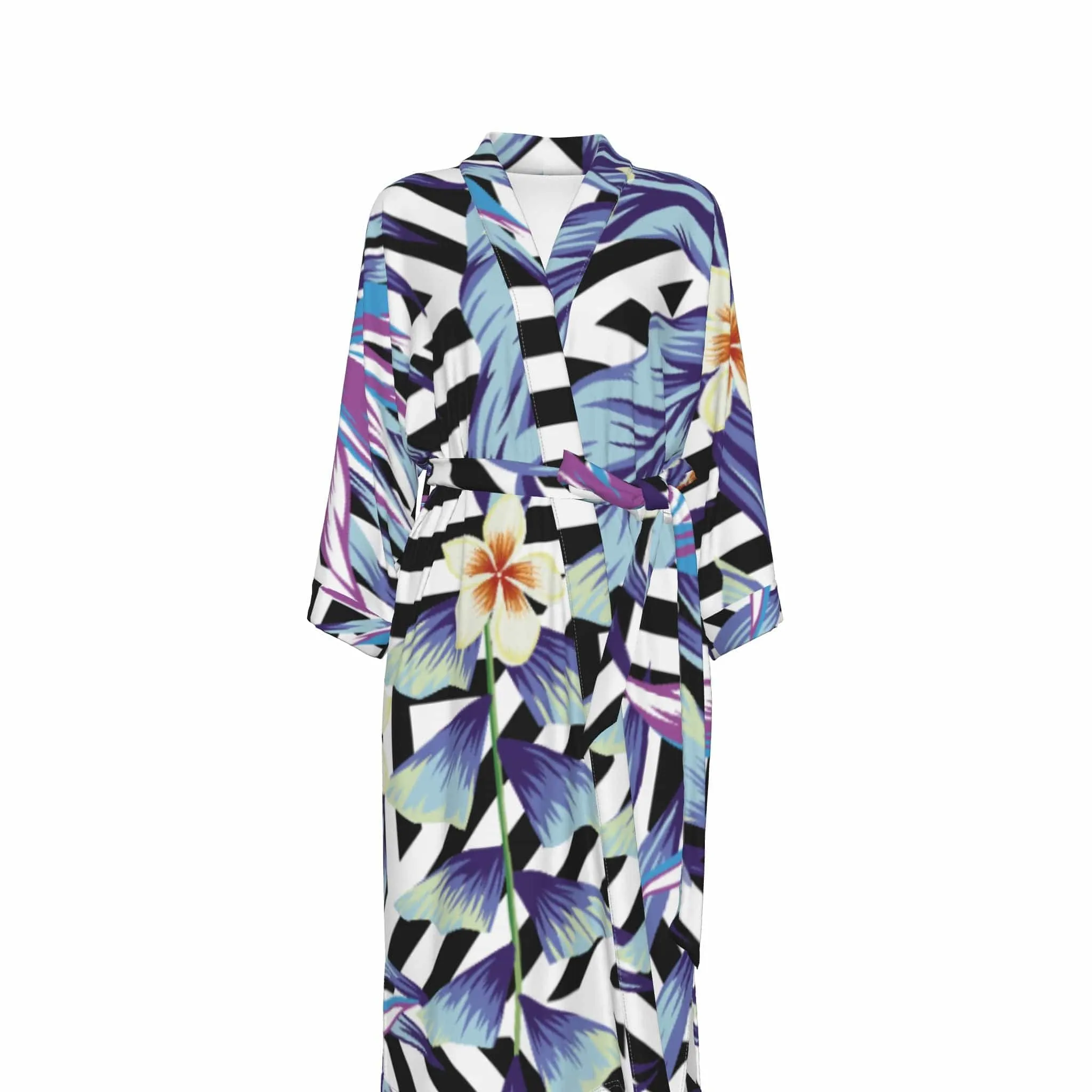 Hibiscus Stripes - Women's Satin Kimono Robe