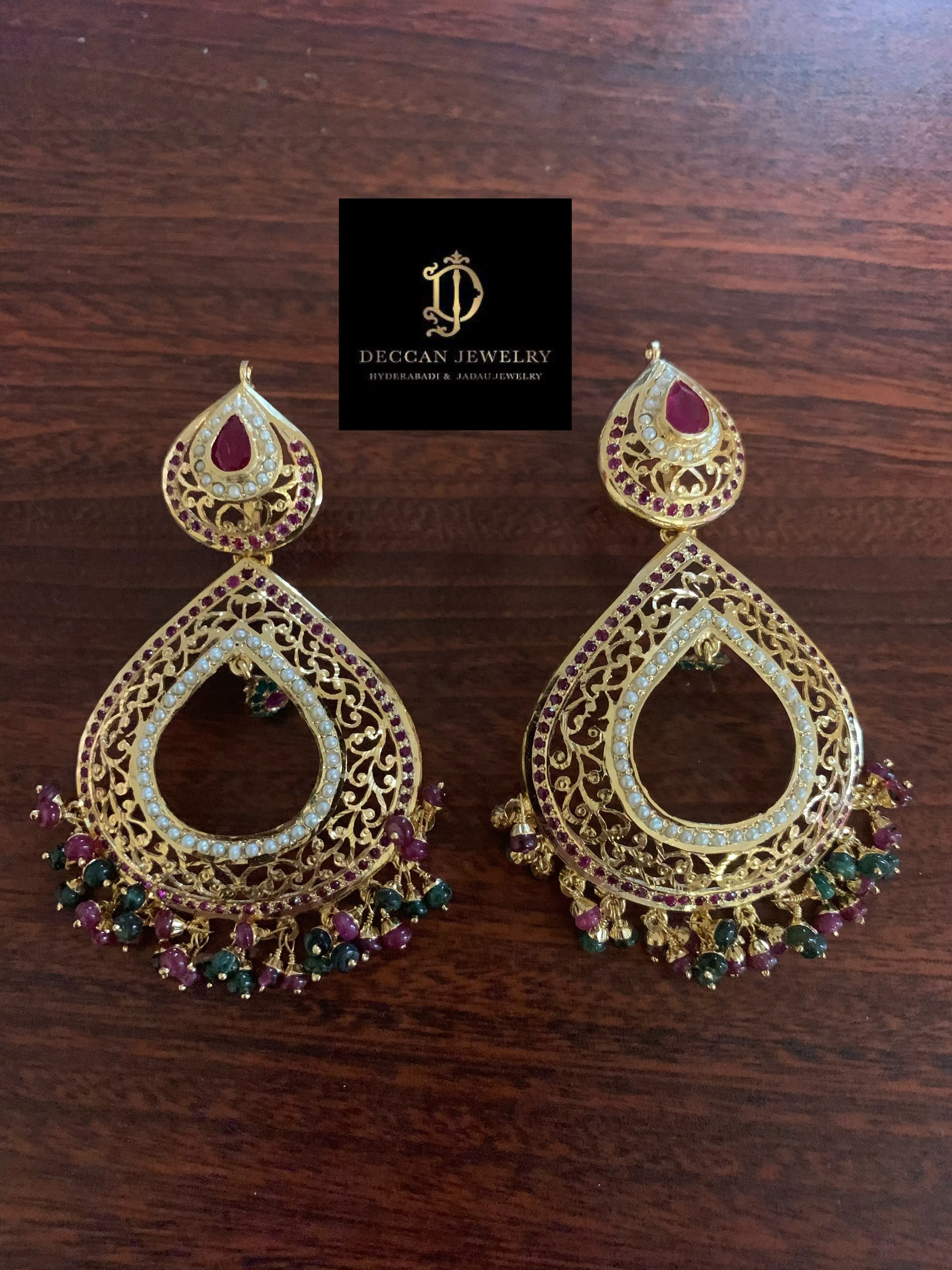 Multicolored Jadau Chandbali Earrings in Gold Plated Silver ER 082