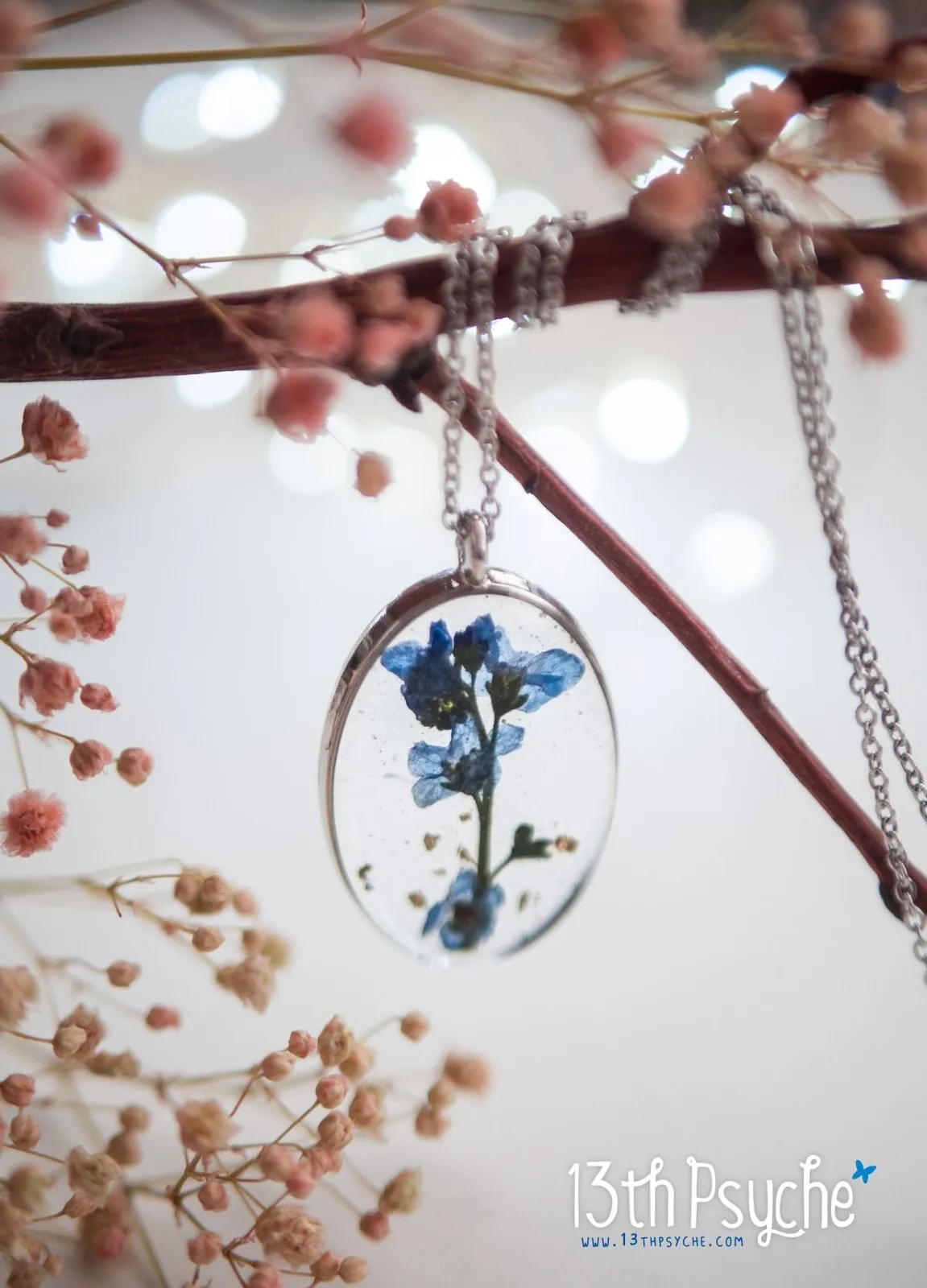 Pressed Forget me not flower pendant necklace