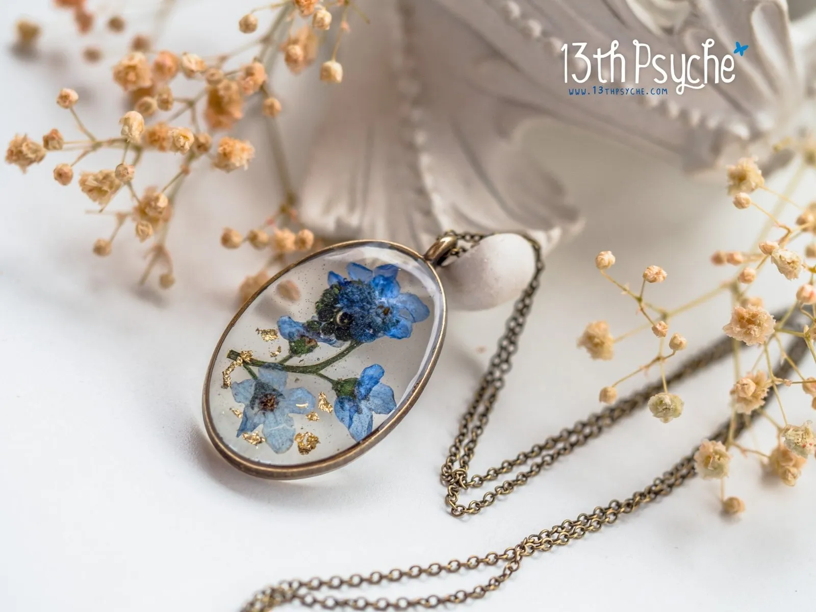 Pressed Forget me not flower pendant necklace