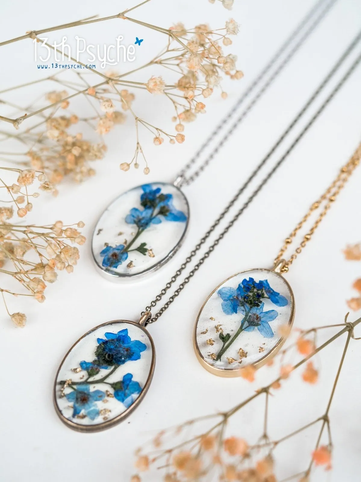 Pressed Forget me not flower pendant necklace