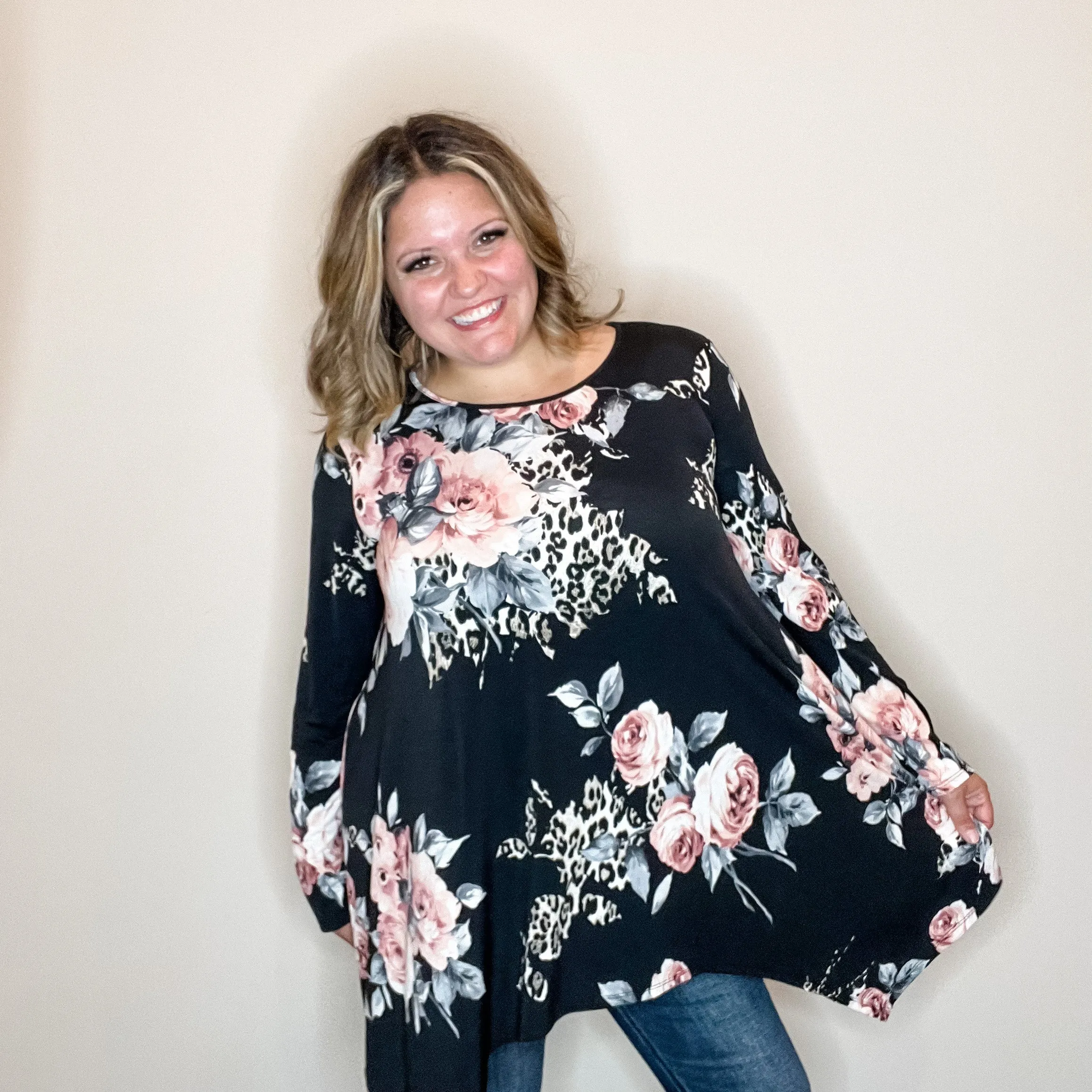 "Double Down" Floral and Animal Print Shark Bite Tunic with Pockets