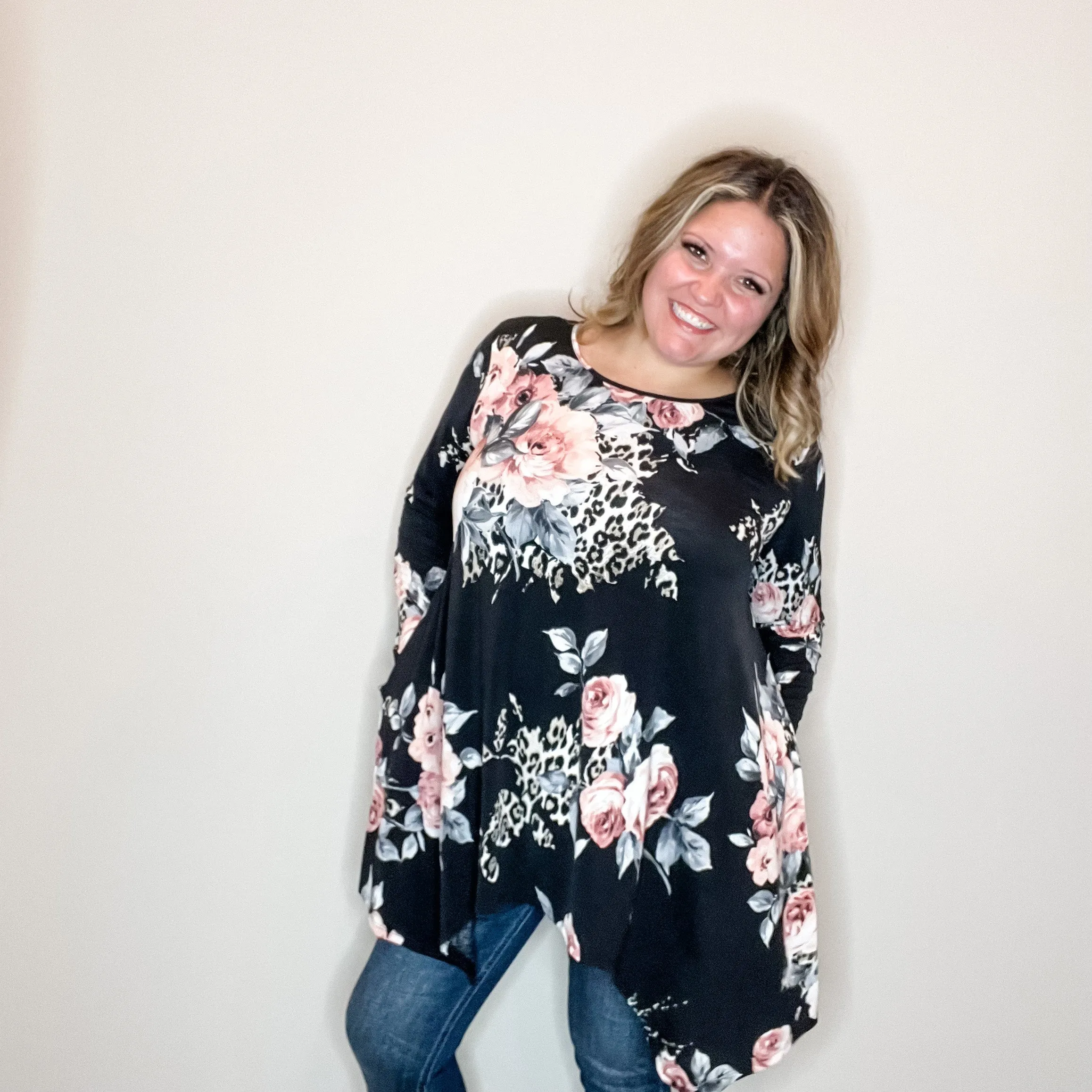 "Double Down" Floral and Animal Print Shark Bite Tunic with Pockets