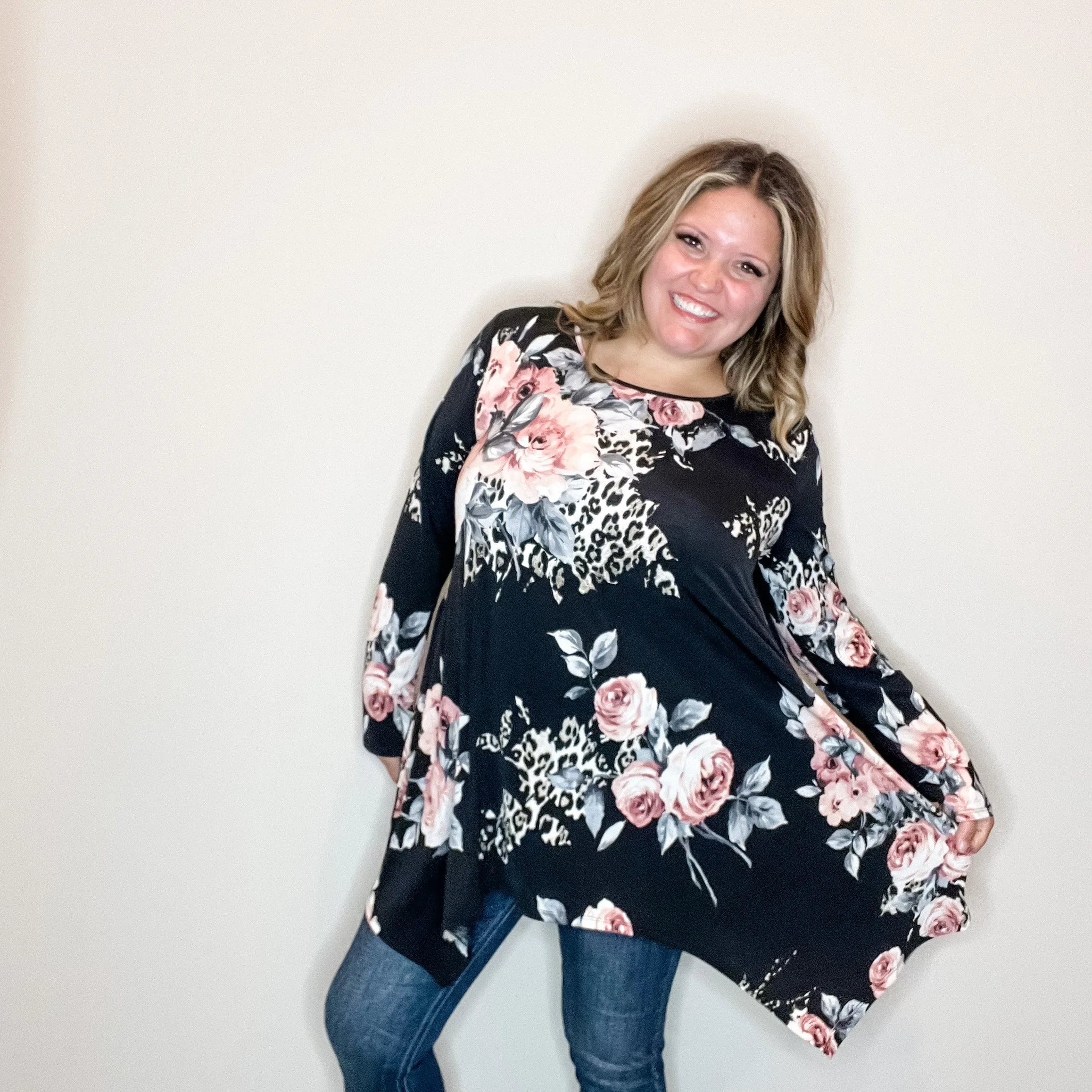 "Double Down" Floral and Animal Print Shark Bite Tunic with Pockets