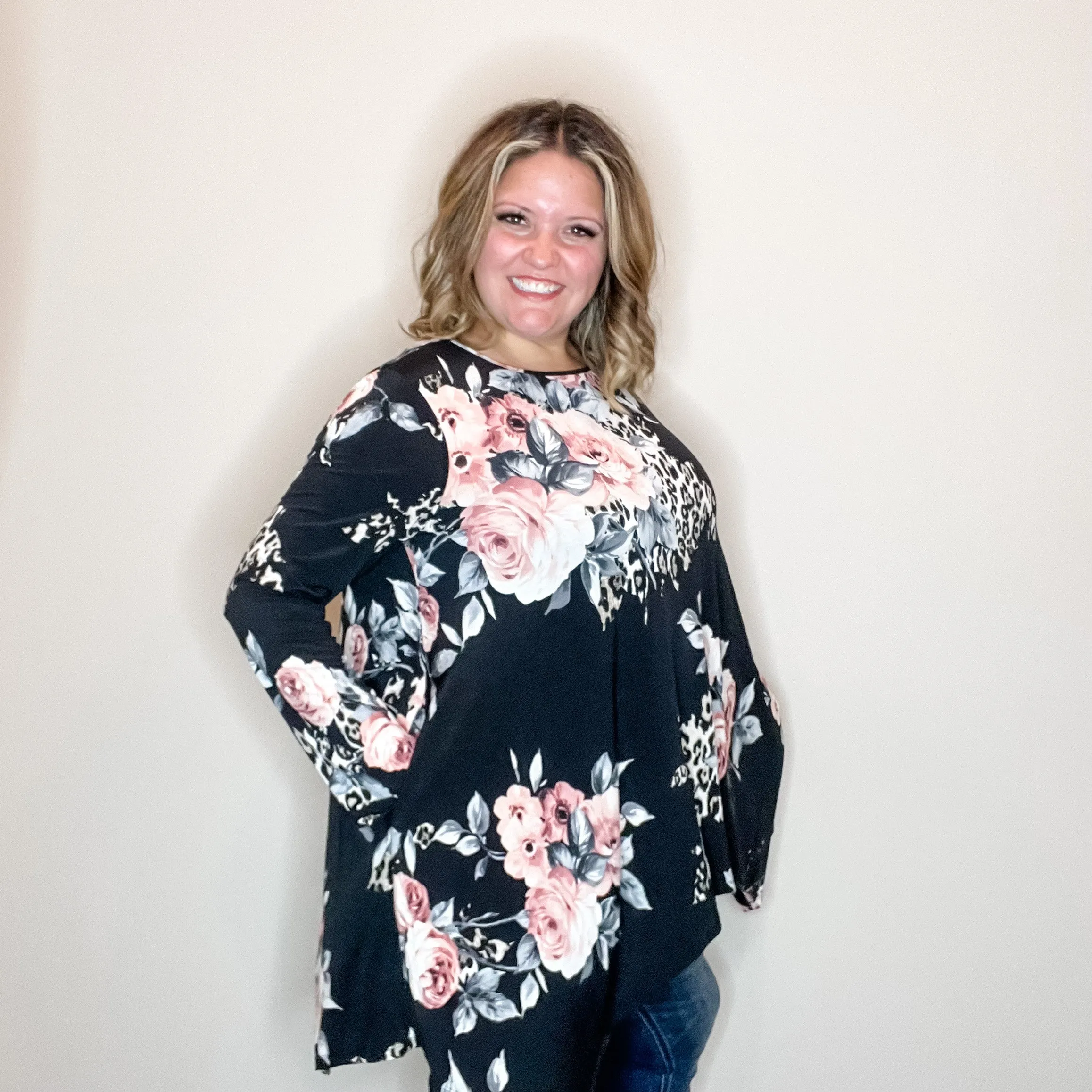 "Double Down" Floral and Animal Print Shark Bite Tunic with Pockets