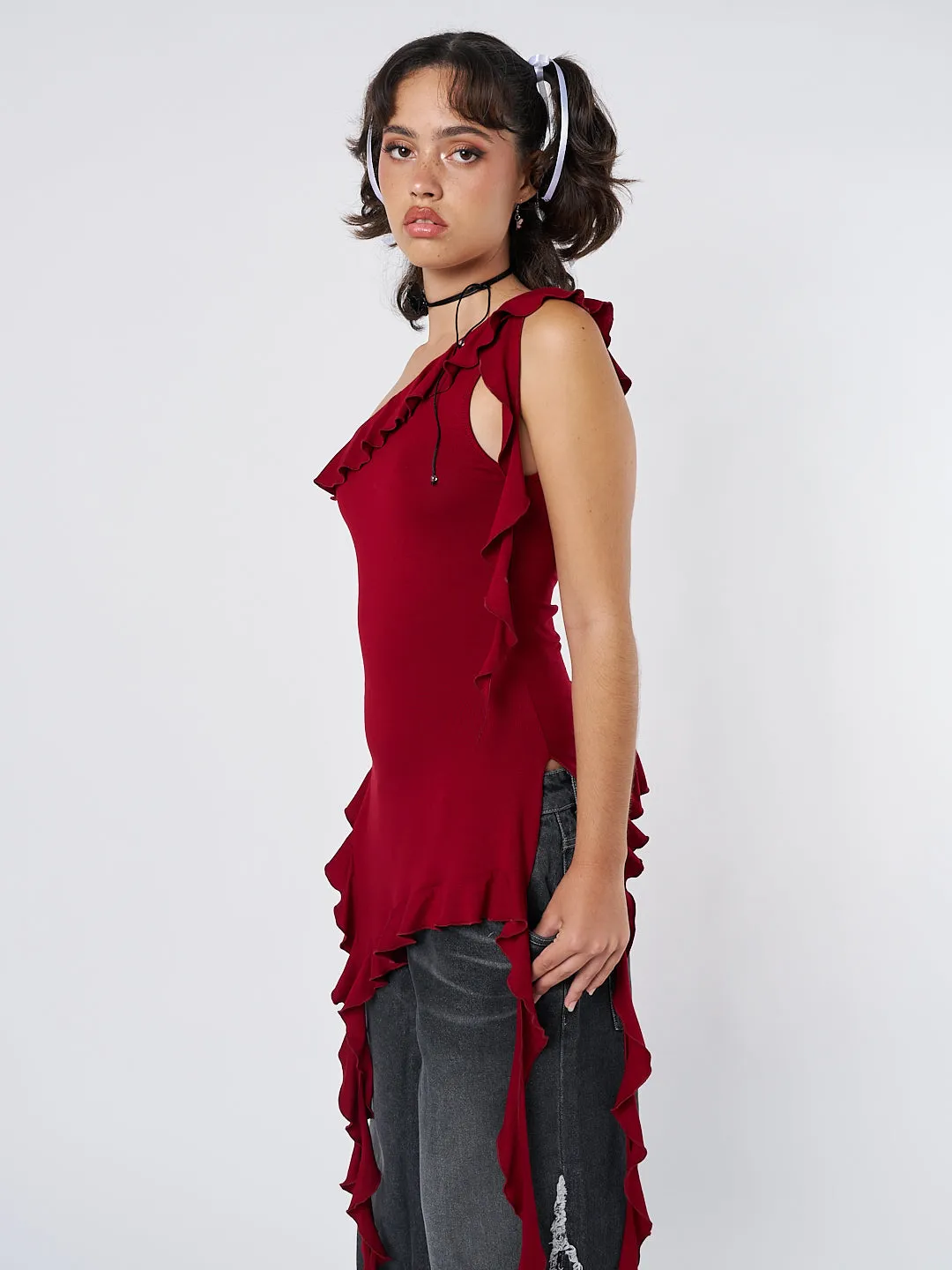 Scarlett Burgundy Asymmetric Frill Top