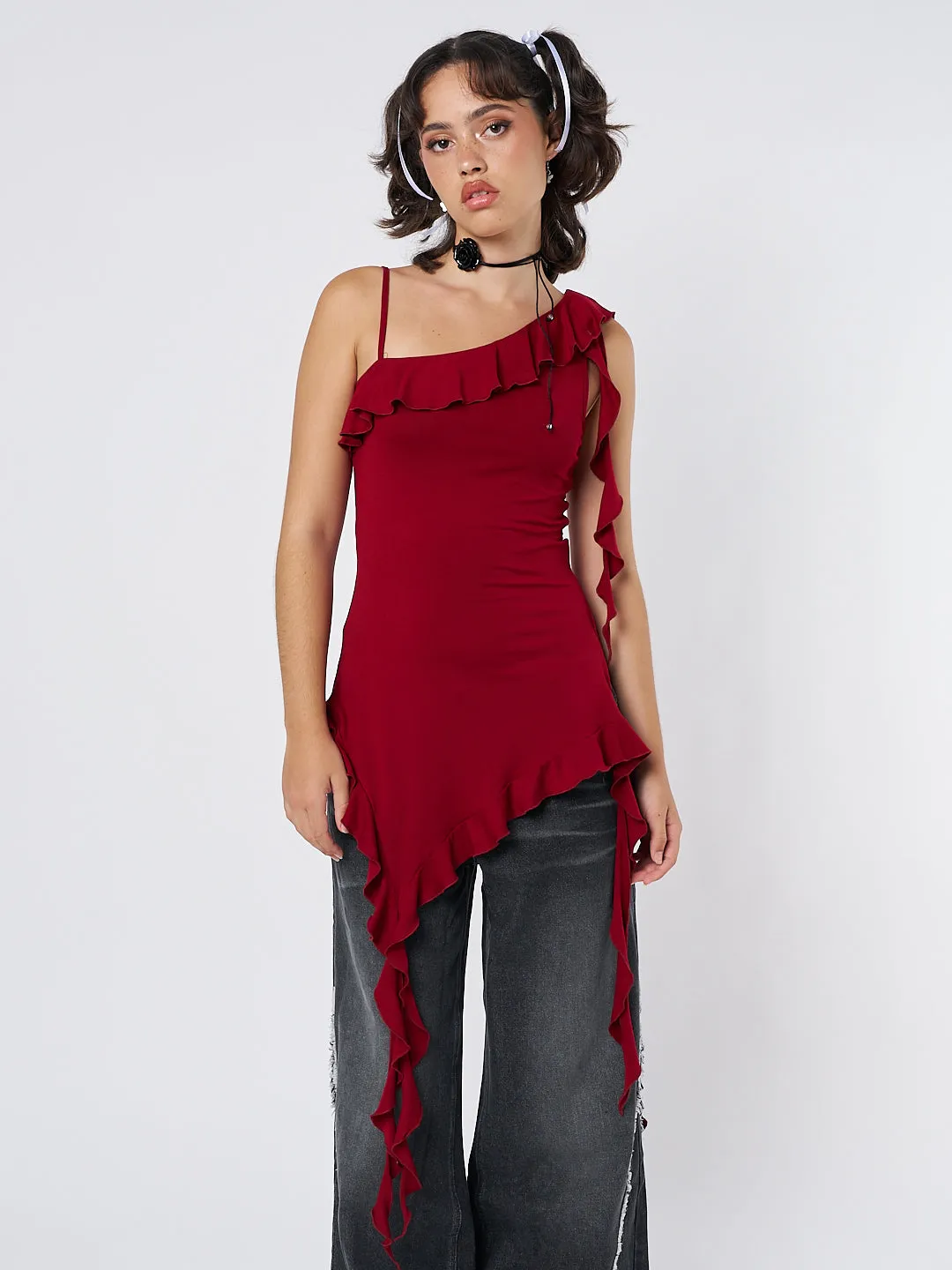 Scarlett Burgundy Asymmetric Frill Top