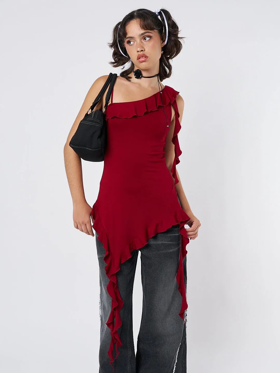 Scarlett Burgundy Asymmetric Frill Top