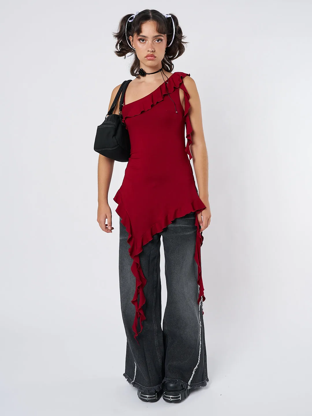 Scarlett Burgundy Asymmetric Frill Top