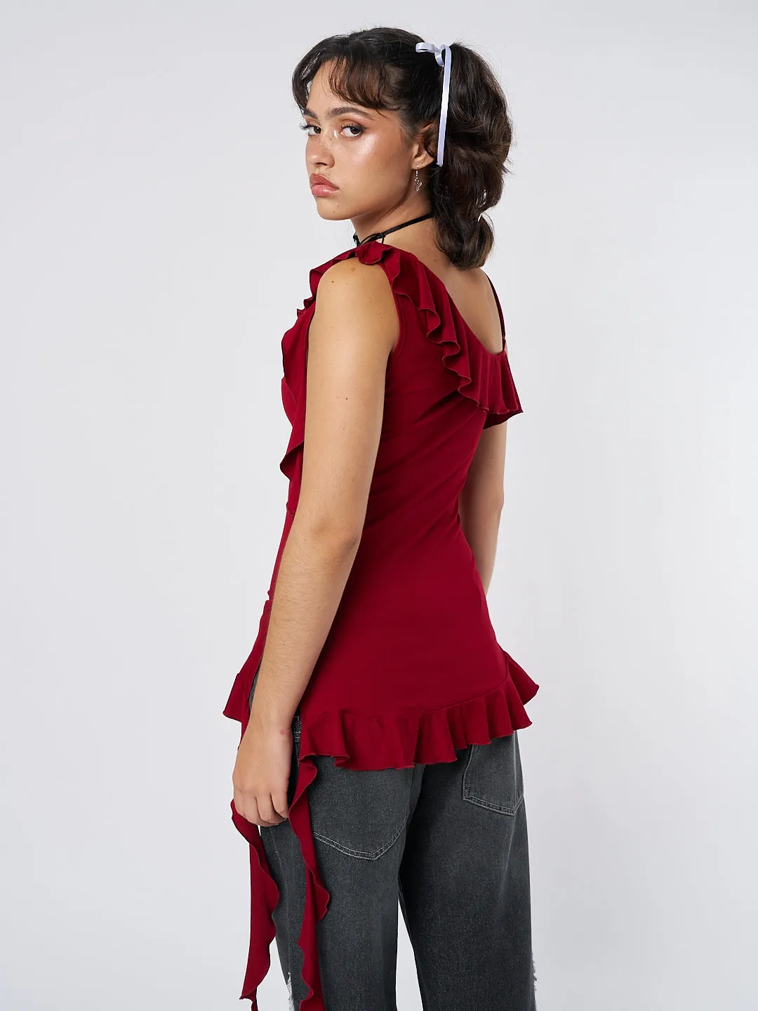 Scarlett Burgundy Asymmetric Frill Top