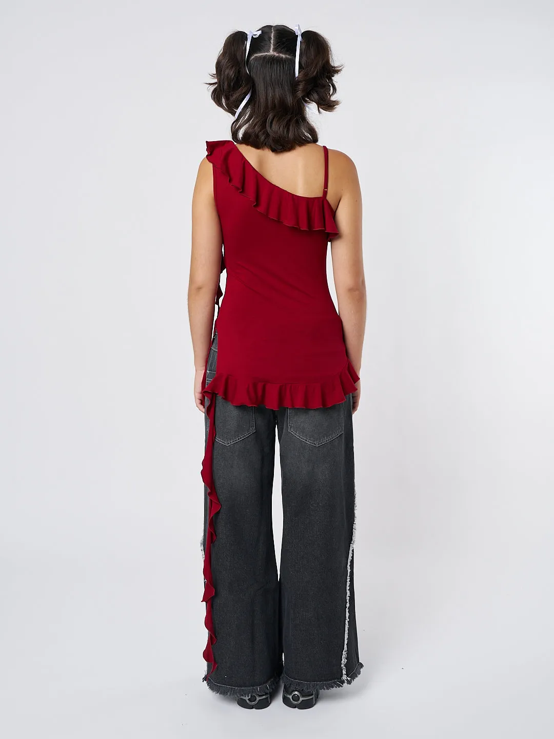 Scarlett Burgundy Asymmetric Frill Top