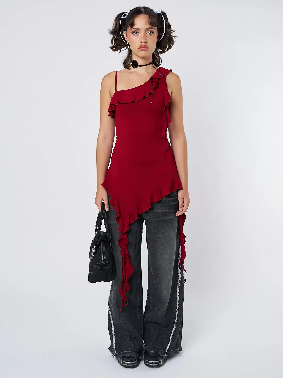 Scarlett Burgundy Asymmetric Frill Top