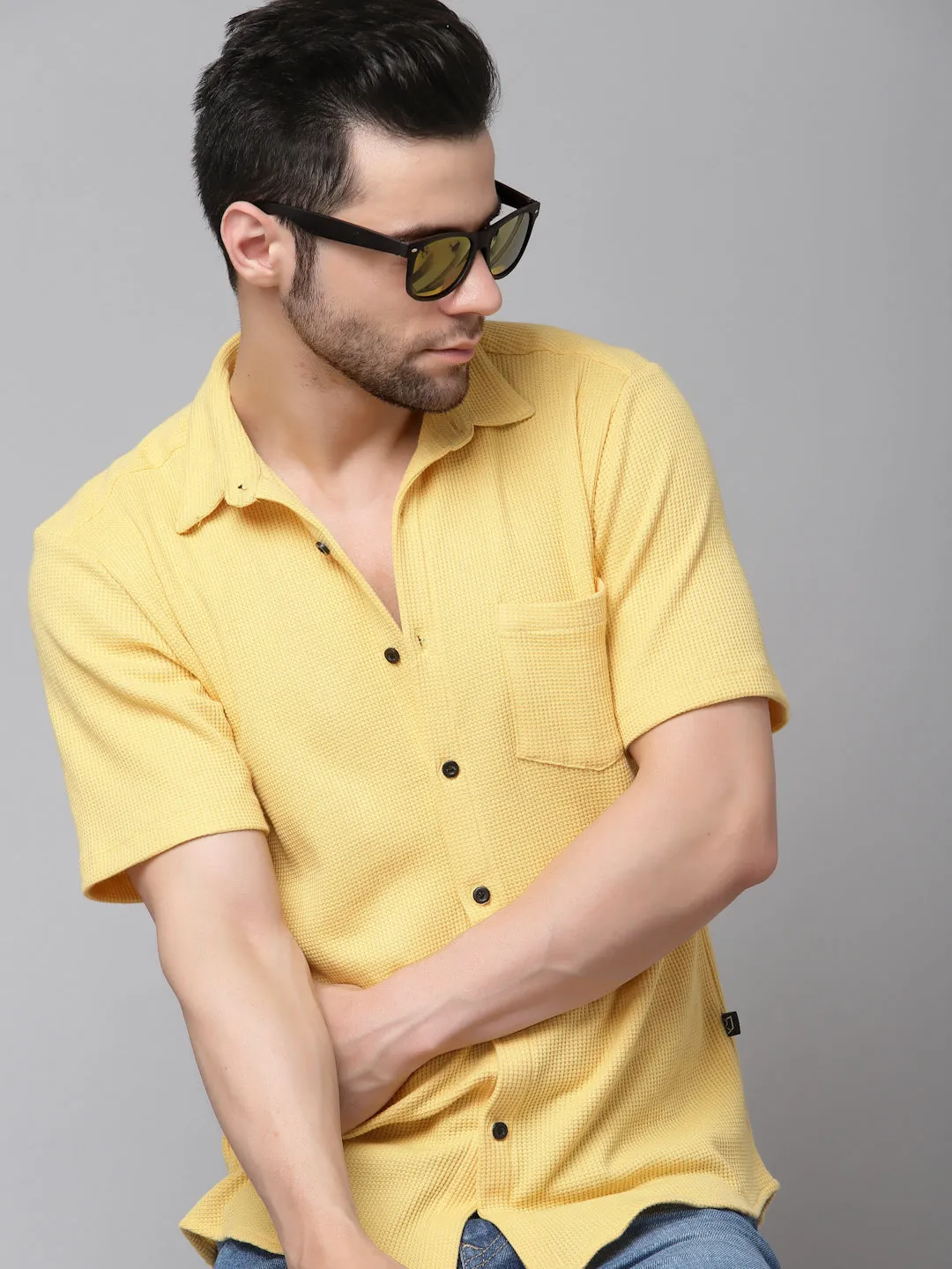 Self Textured Waffle Knit Half Sleeves Shirt With Cuban Collar