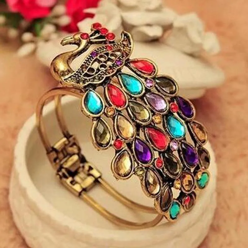 Under the Feather Veil Brass and Multi Gem Hinged Cuff Bracelet