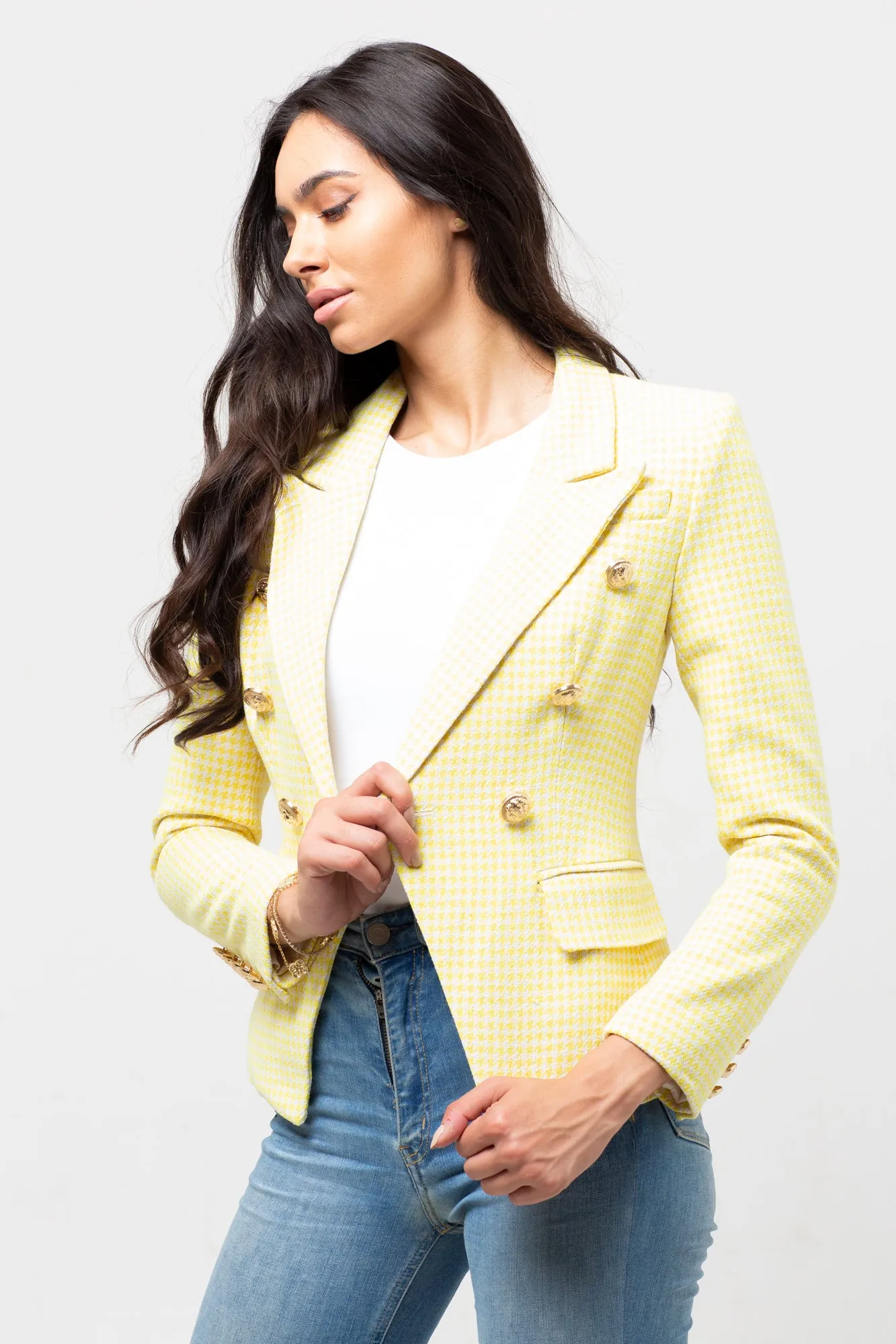 YELLOW/WHITE CHECK GOLD BUTTON BLAZER